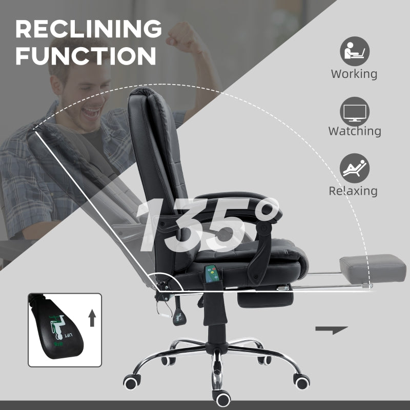 Office Chair, 6 Point Massage Heat Footrest Adjustable Reclining Swivel, PU Leather Black