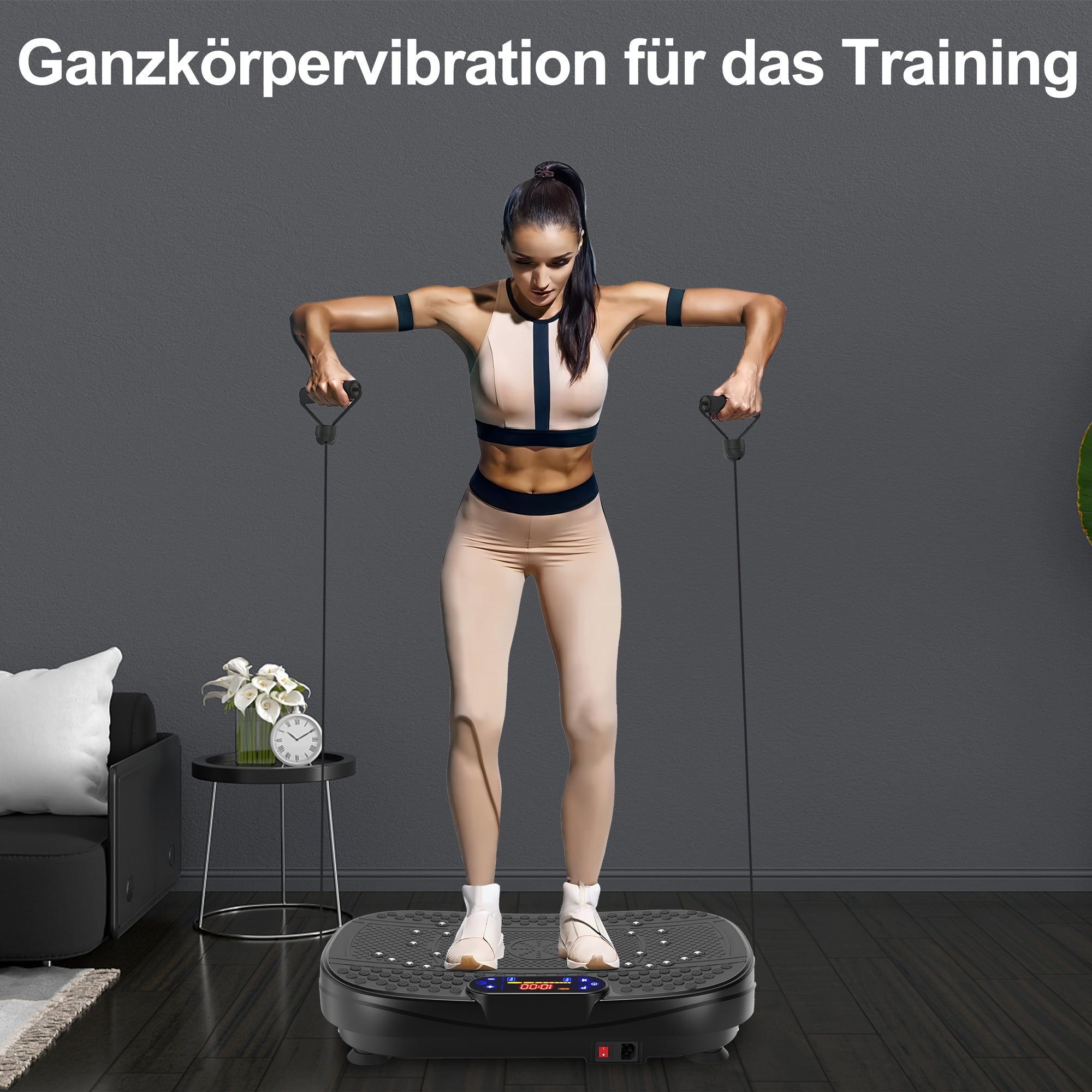 Vibration Plate Training Device with Resistance Bands and Speed Control, Whole Body Fitness Platform