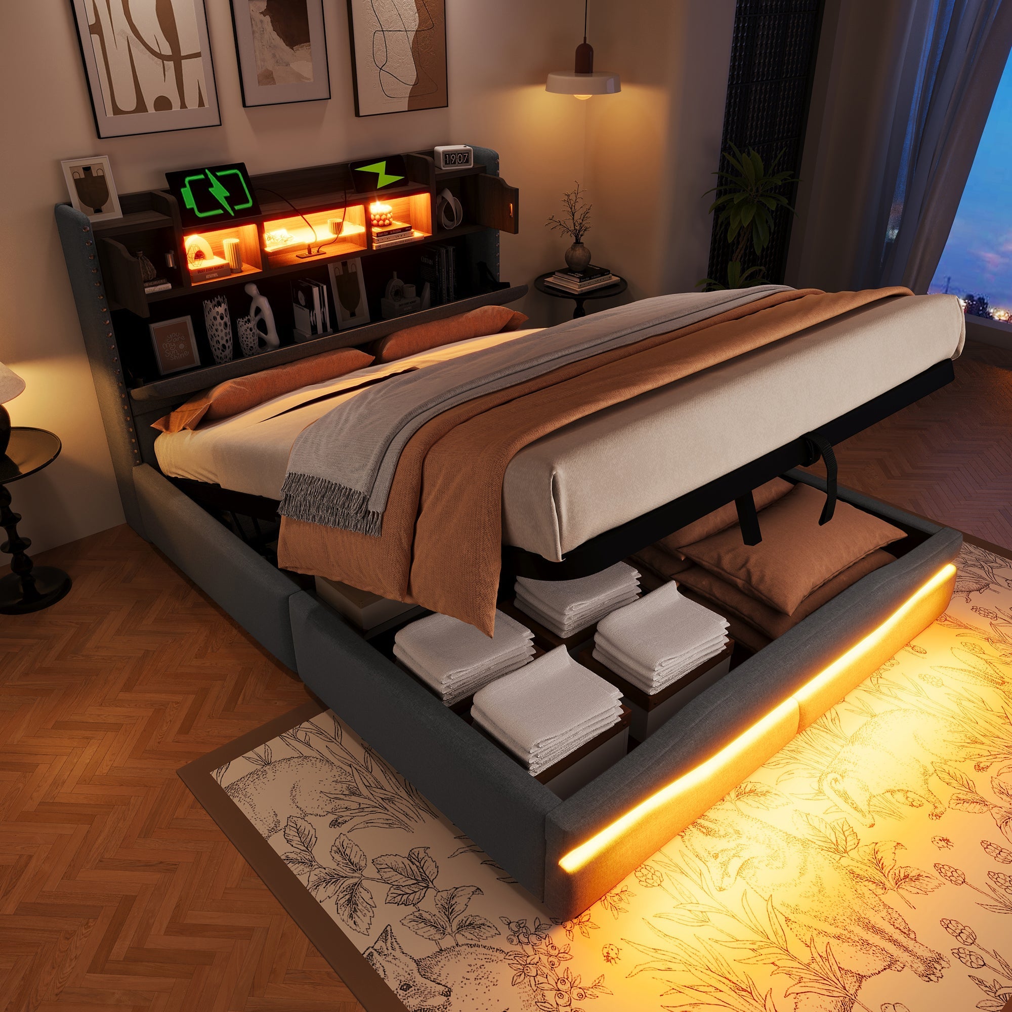 Upholstered Bed with USB-C Charging, LED Ambient Lighting and Hydraulic Storage, Grey