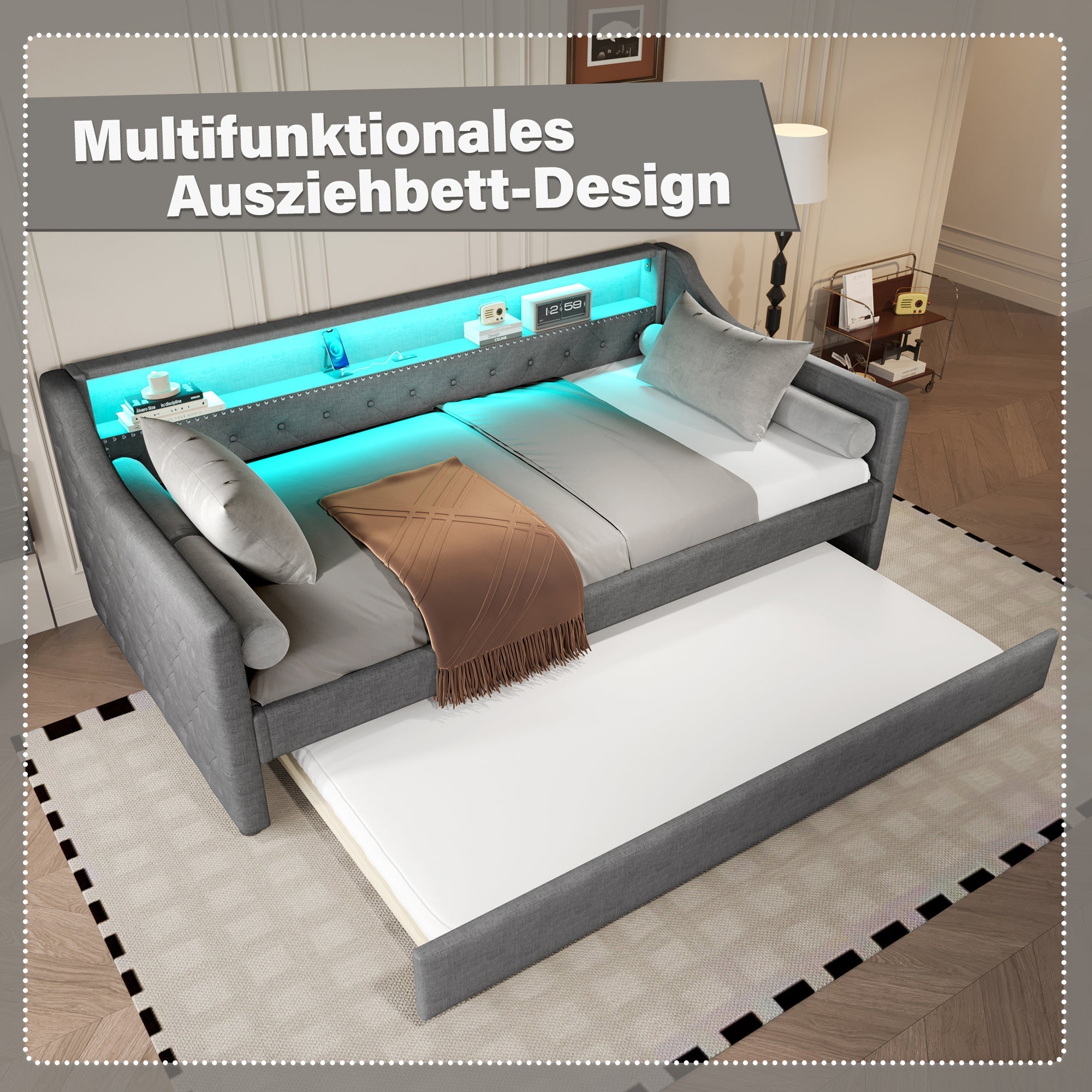 Daybed Sofa Bed 90x200cm Pull-out Bed LED USB - Linen Grey