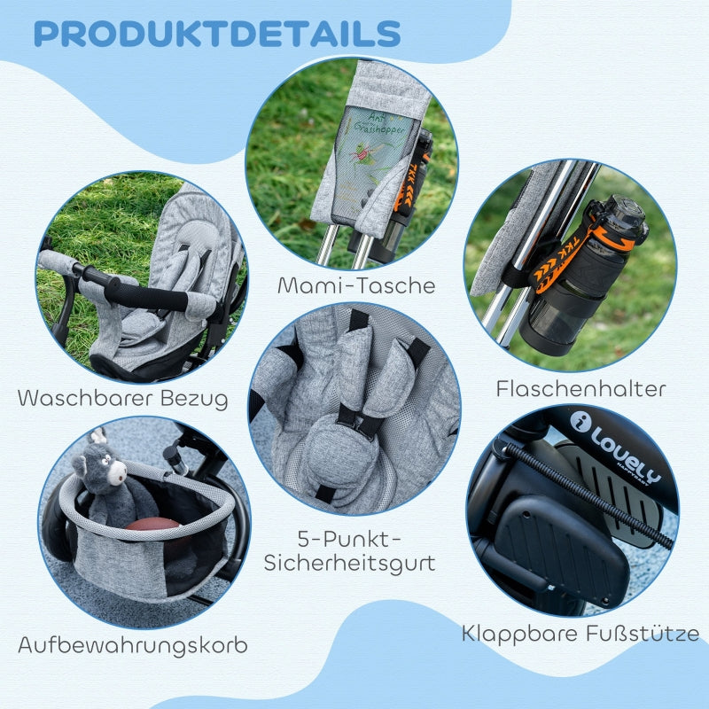 6-in-1 Tricycle with Push Bar, Removable Sun Canopy, 5-Point Safety Harness, Grey