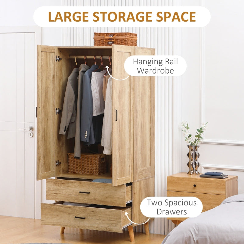 2 Door Wardrobe with 2 Drawer and Hanging Rail, Natural