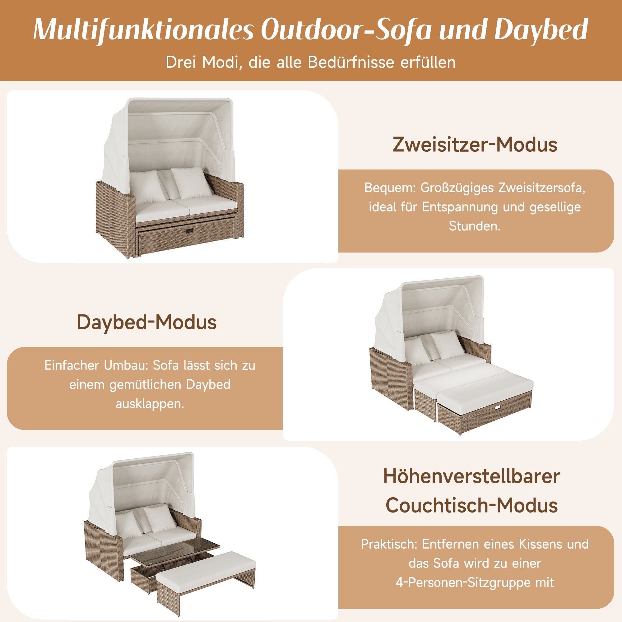 Polyrattan Garden Furniture Set with Adjustable Coffee Table and Removable Awning, Khaki PE Rattan