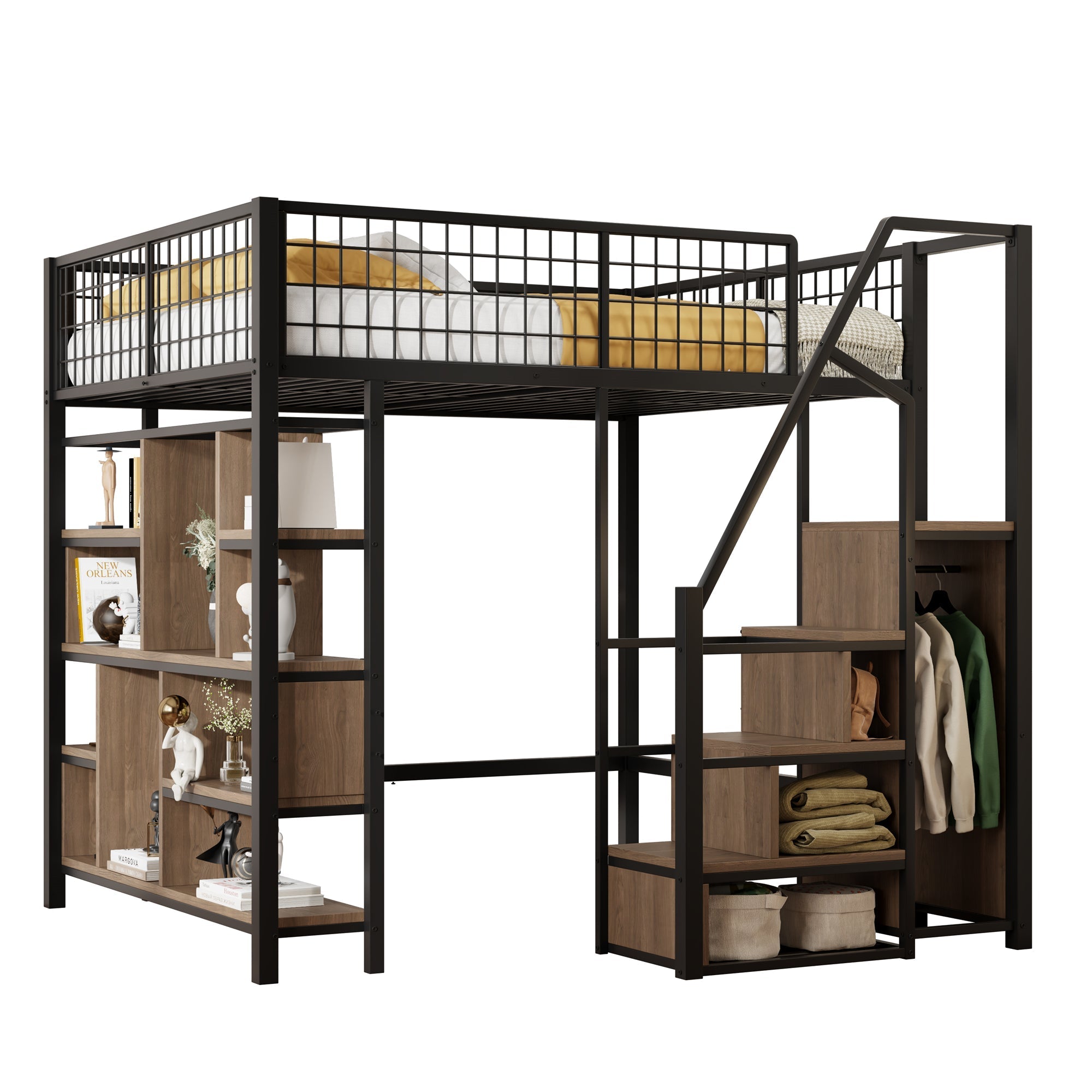 Loft Bed, Multifunctional with Storage & Stairs, 140x200 cm, Metal Black