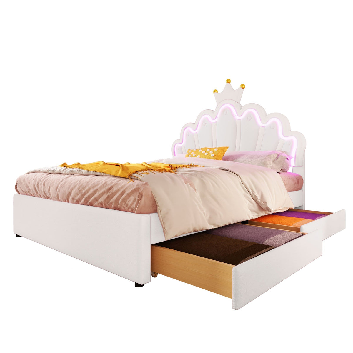 Upholstered Bed 140x200cm Crown Design Ambient Light 2 Drawers Adjustable Headboard - White PU