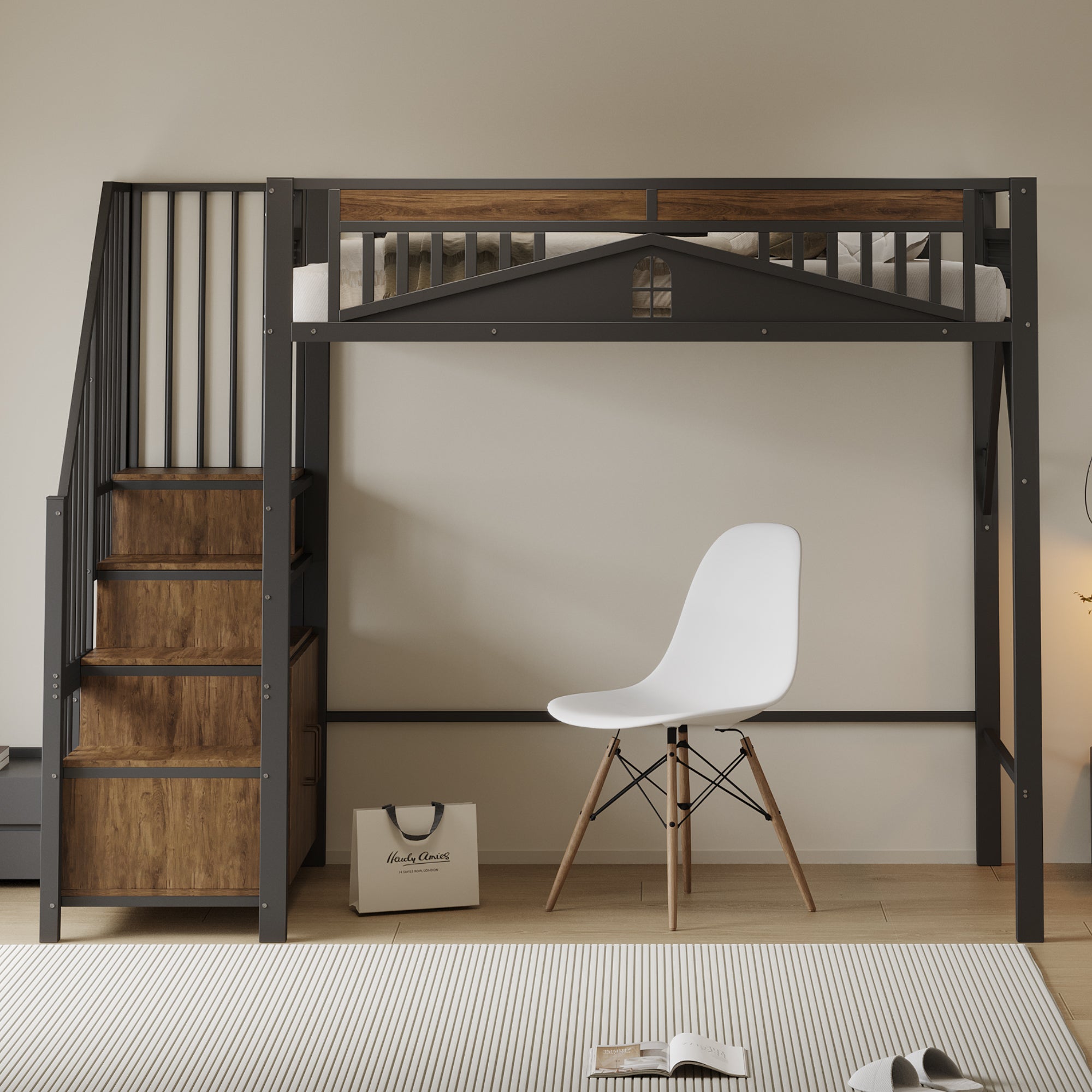 Metal Loft Bed, 90 x 200 cm, Safety Enclosure with Window & Ladder, Black