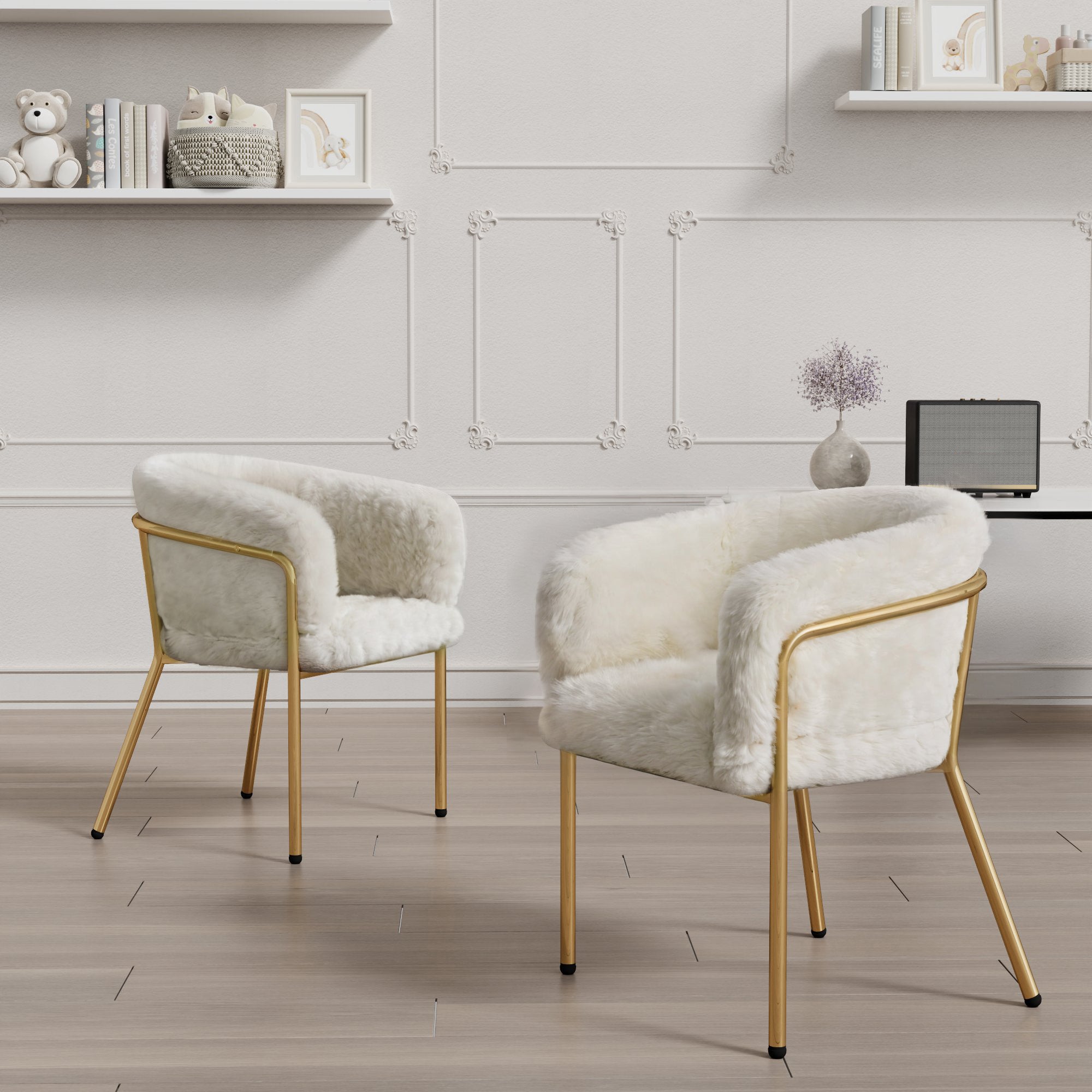Leisure Chair Set of 2, Dressing/Dining, Metal Legs, Imitation Rabbit Down Beige