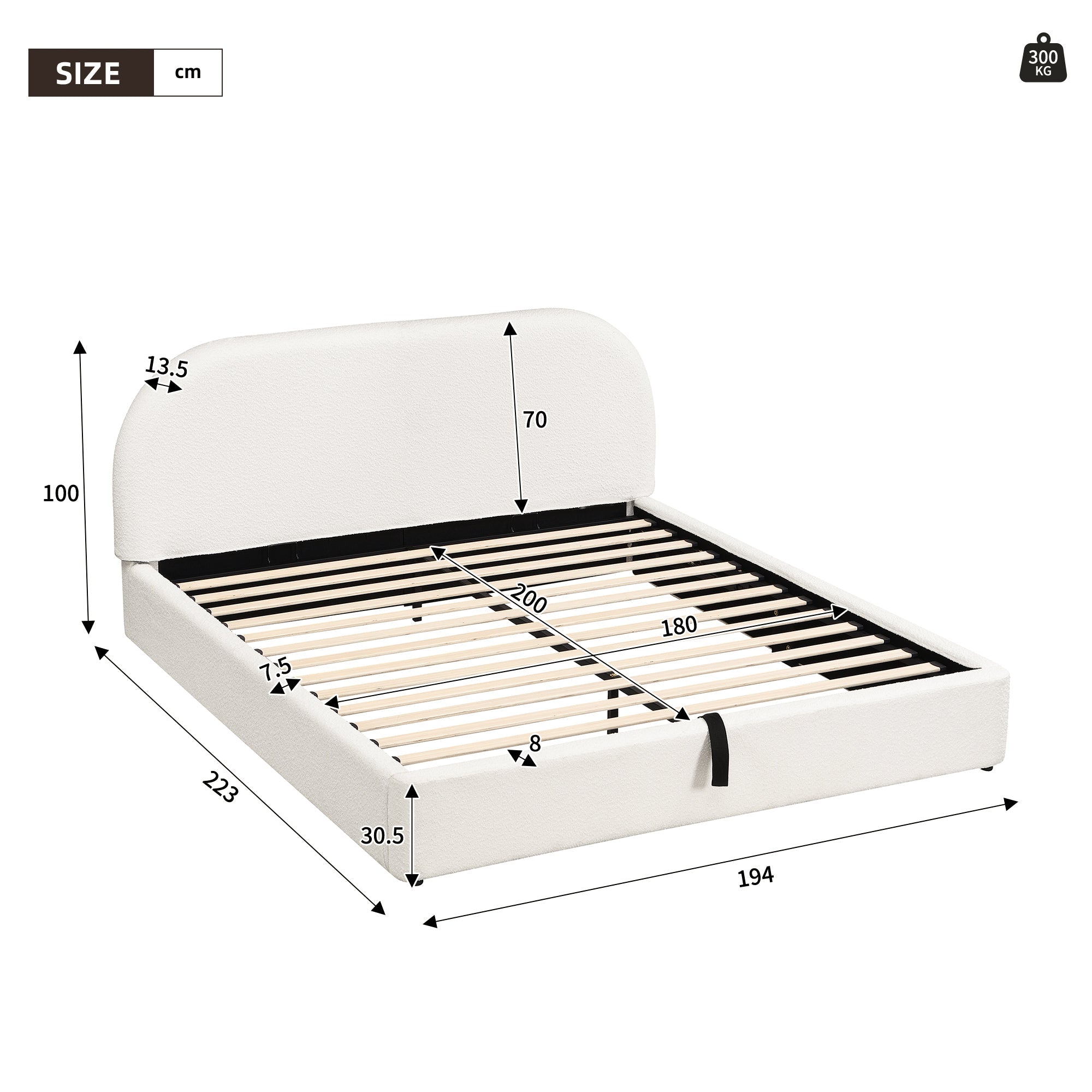 Upholstered Double Bed, 180x200cm Hydraulic Storage Headboard, Beige Bouclé