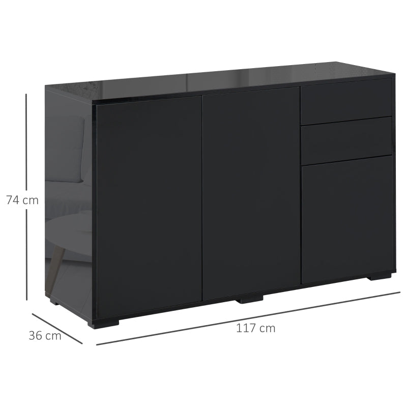 High Gloss Side Cabinet Push-Open 2 Drawers 2 Cabinets Black