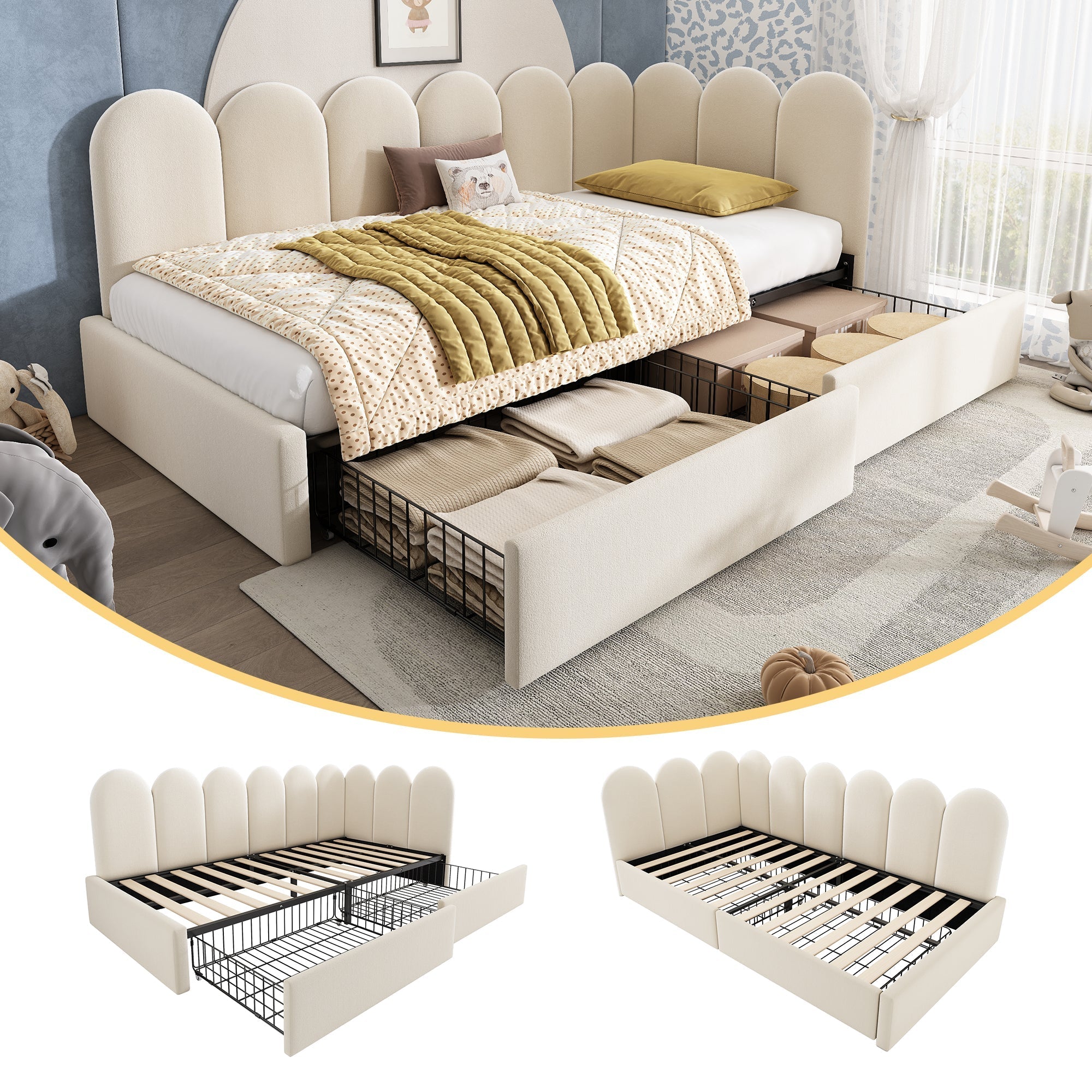 Upholstered Daybed with Drawers and Slatted Frame, 90x200cm, Beige Velvet