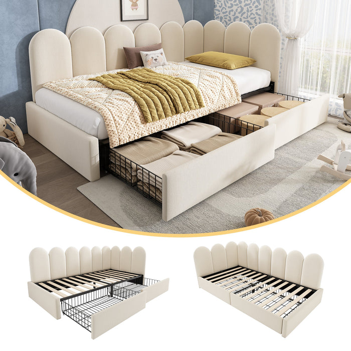 Upholstered Daybed with Drawers and Slatted Frame, 90x200cm, Beige Velvet