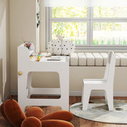 Art Table and Chair Set Kids Art Desk with Storage Shelf and Drawers, White MDF