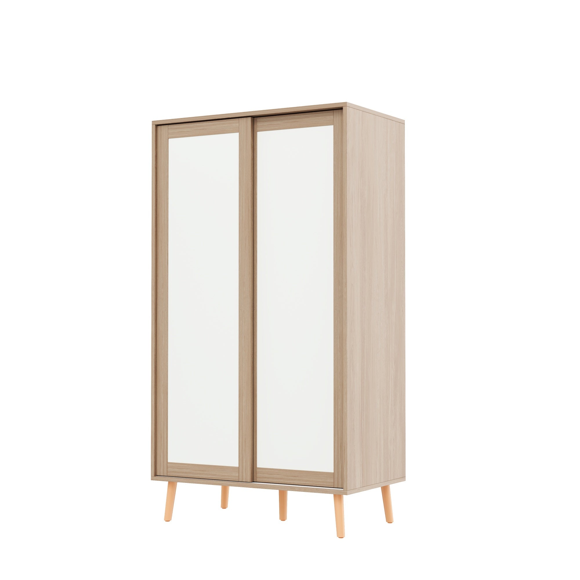 Children's Wardrobe Sliding Door Clothes Rail Solid Wood Legs, White/Natural Wood