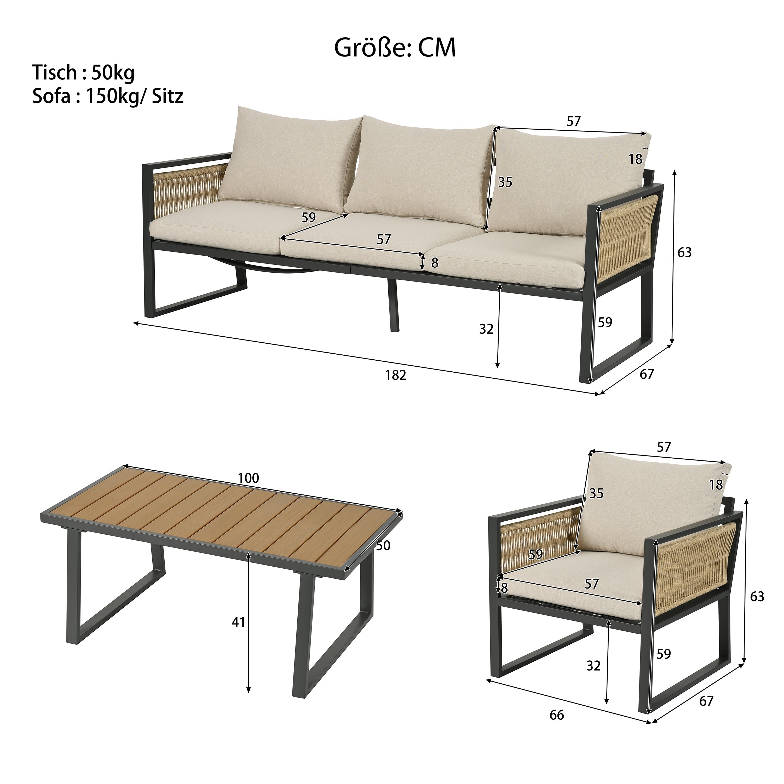 4-Piece Garden Lounge Set with 3-Seater Sofa, Armchairs and Coffee Table, Beige Wood Look and Galvanized Steel