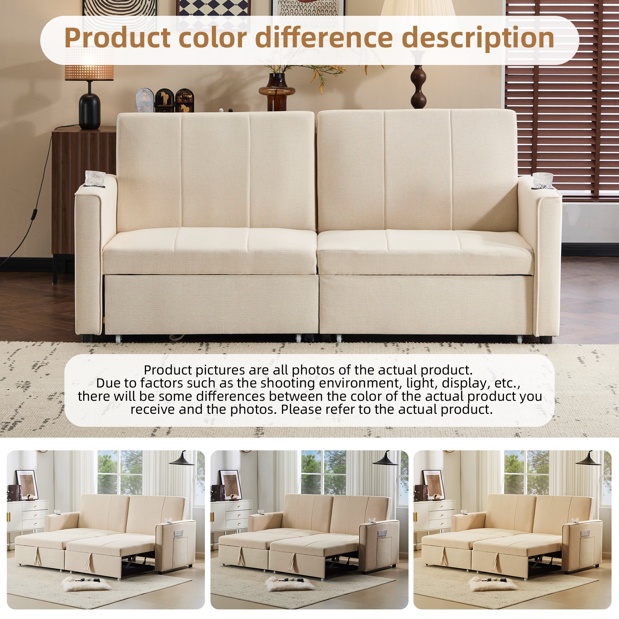 Pull Out Sofa Bed - 207cm King Size Independent, Convertible Fabric, with Cup Holders & Side Pockets