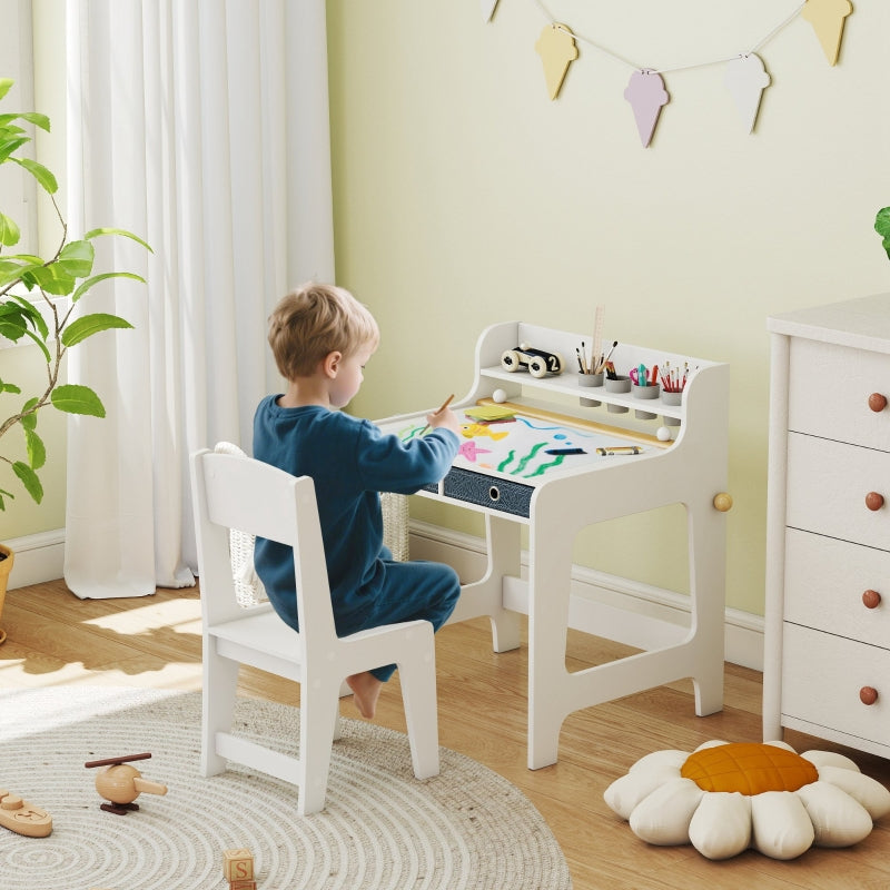 Art Table and Chair Set Kids Art Desk with Storage Shelf and Drawers, White MDF