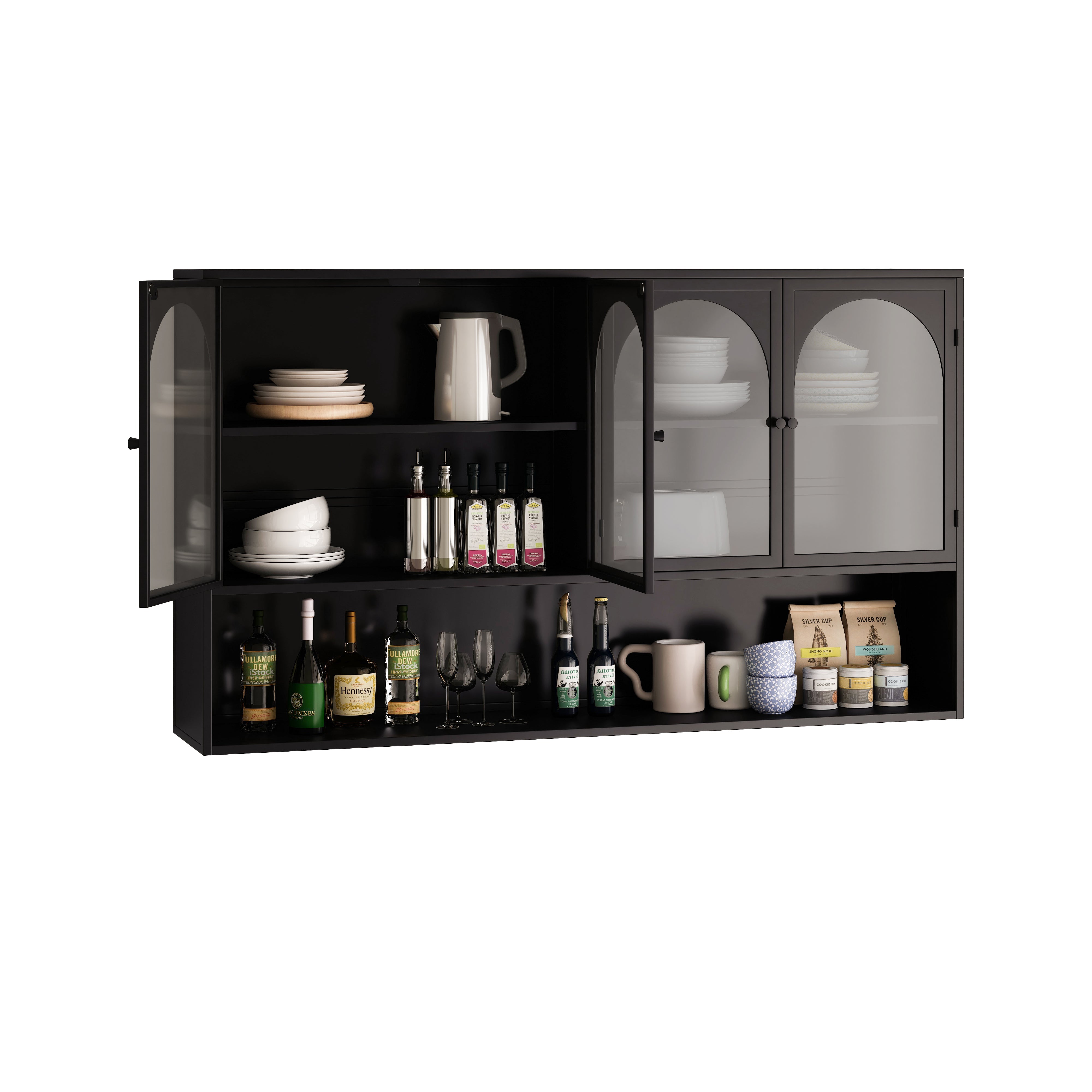 Four-door Glass Wall Cabinet, Wall-mounted 120CM, Black