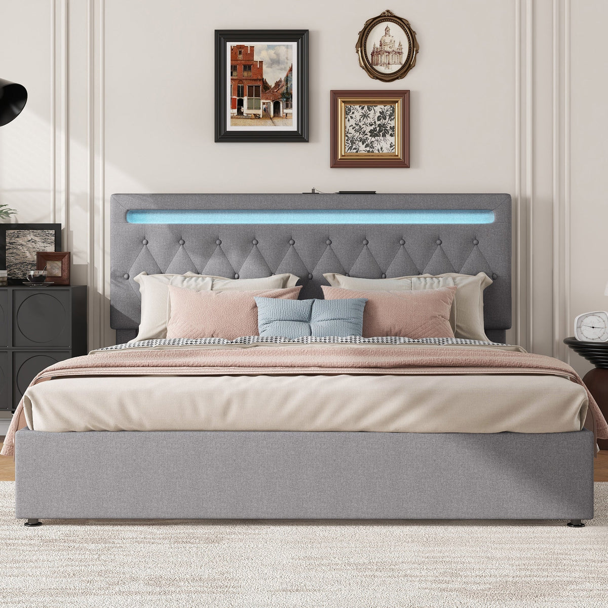 Upholstered Bed 180x200cm Hydraulic Lift Ambient Light USB - Grey