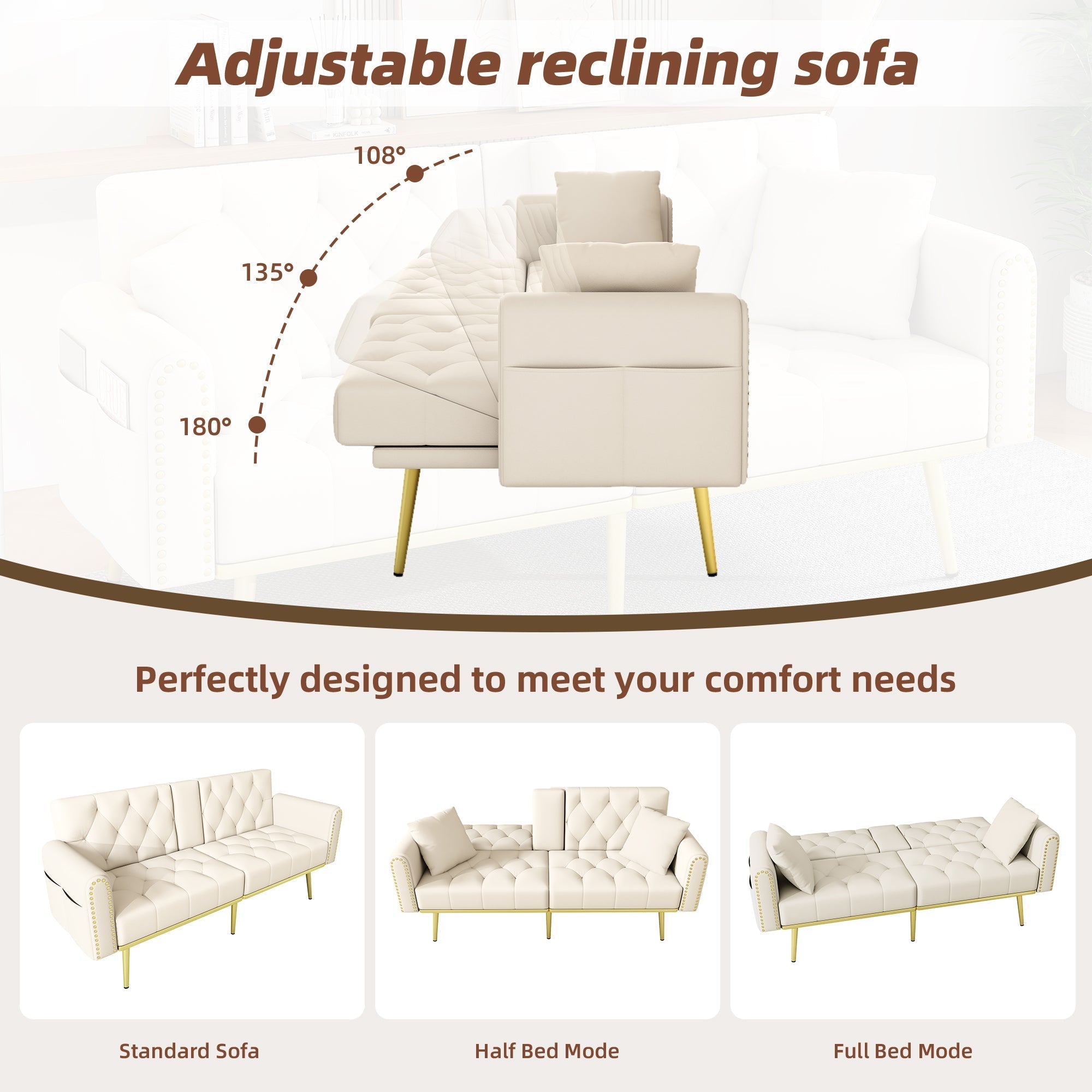 Sofa Bed Double Fold-Out Reclining Cup Holders - Fabric Beige