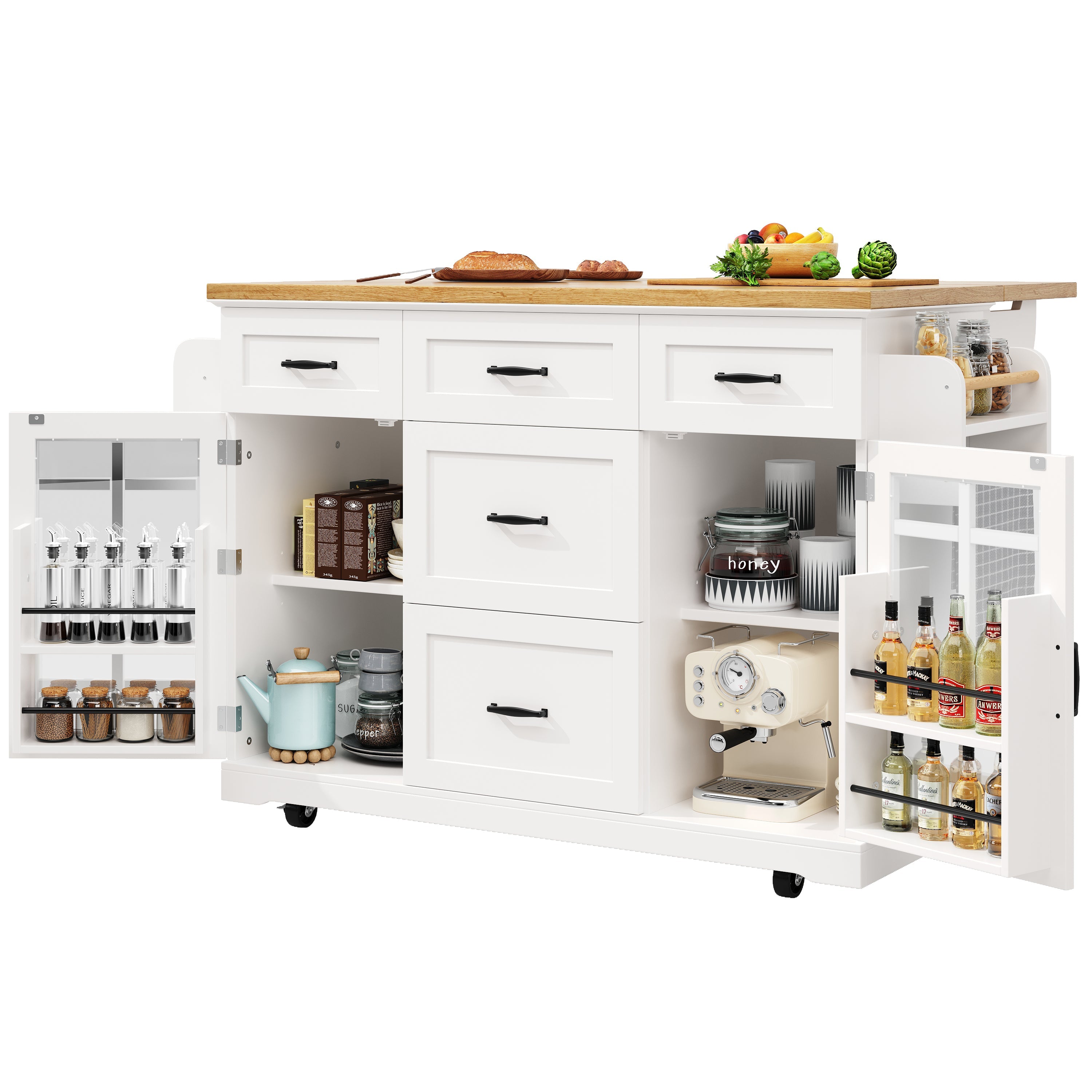 Kitchen Island, Mobile Serving Trolley with 2 Doors, 5 Drawers & Adjustable Shelves, White