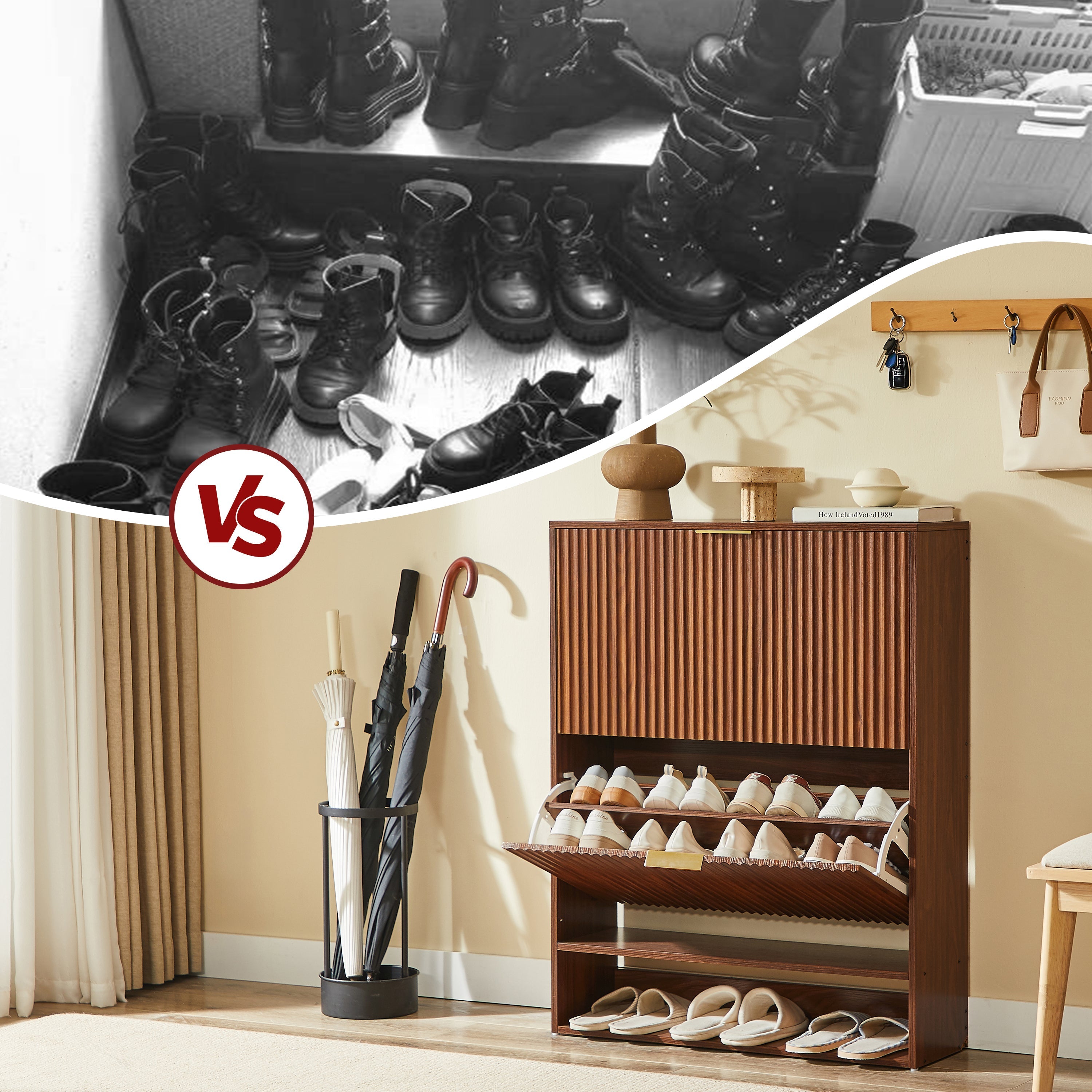 Narrow Shoe Cabinet with Grooved Front and Anti-Tip Device, Walnut Look