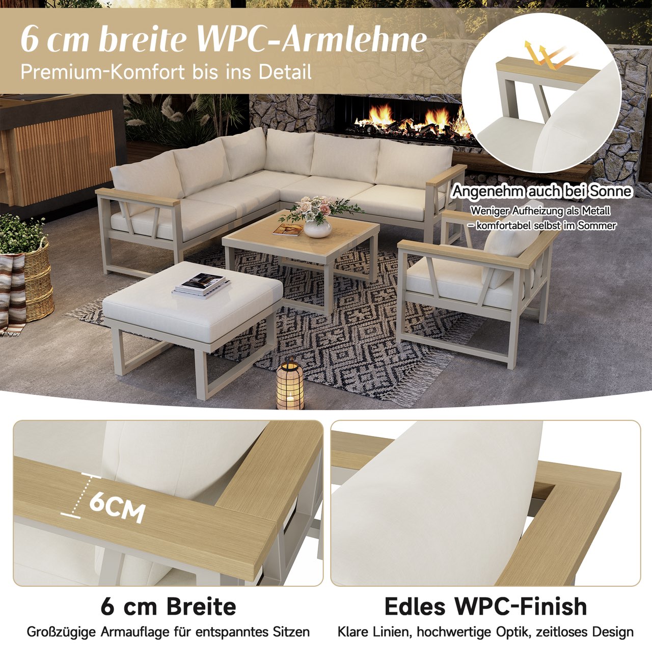Corner Garden Furniture Set with Coffee Table, Seats 7, Khaki and Beige