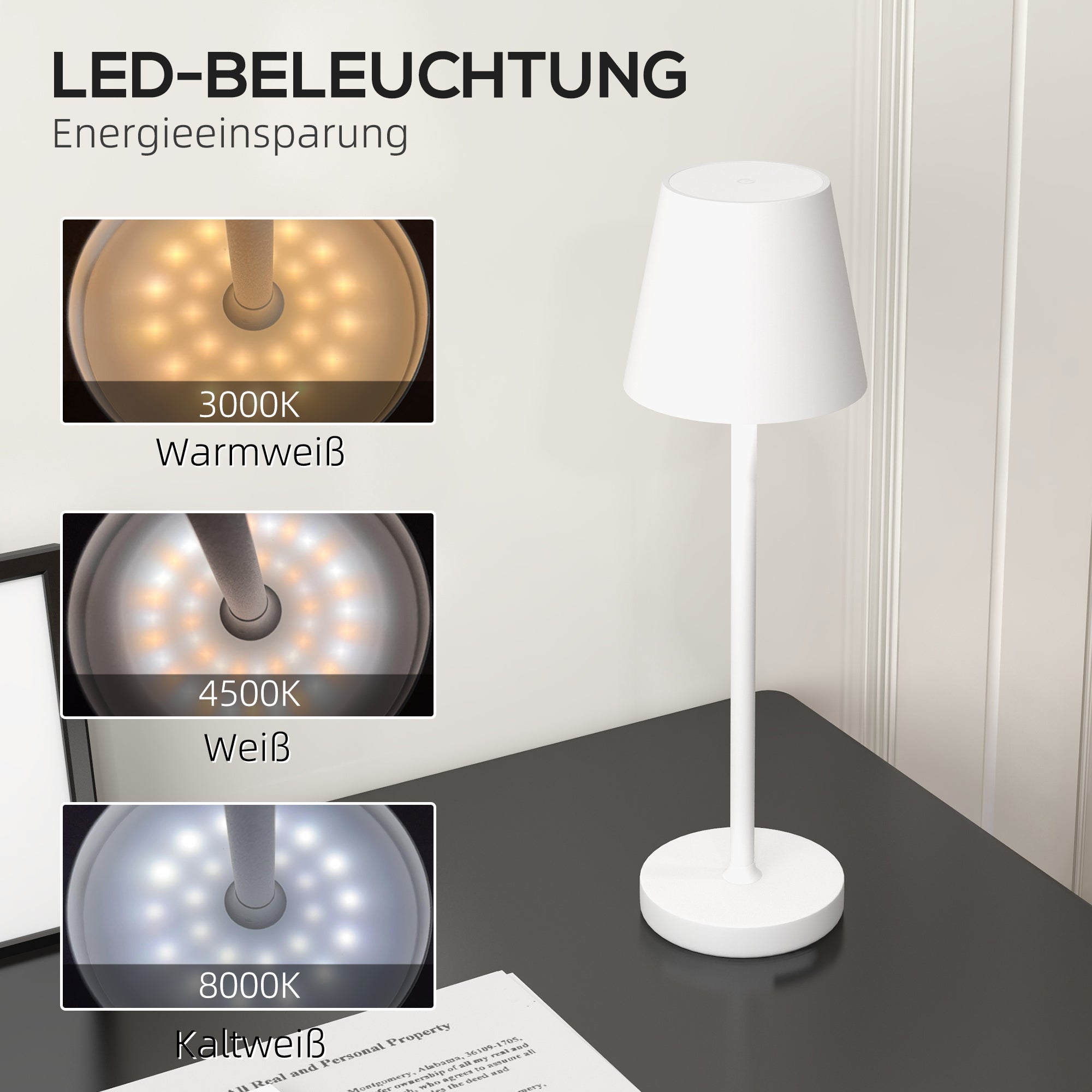 Table lamp rechargeable USB with 3 light colors portable bedside lamp metal white