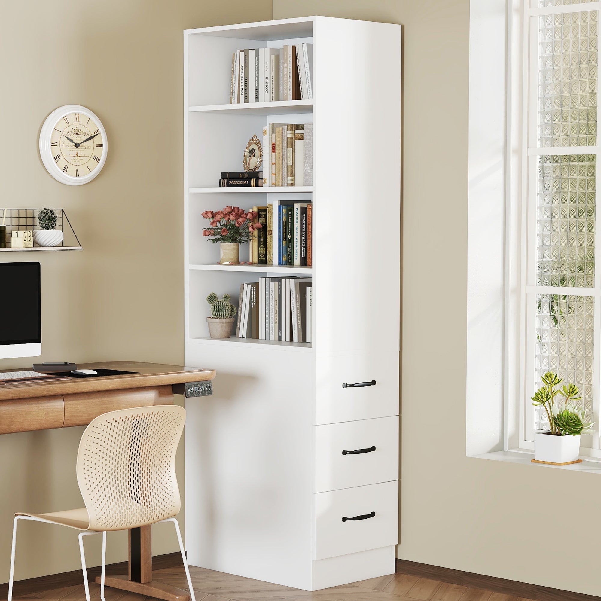 Bookcase, 180cm Extra-Narrow with Side Drawers, Adjustable Shelves, Living Room Tall Cabinet