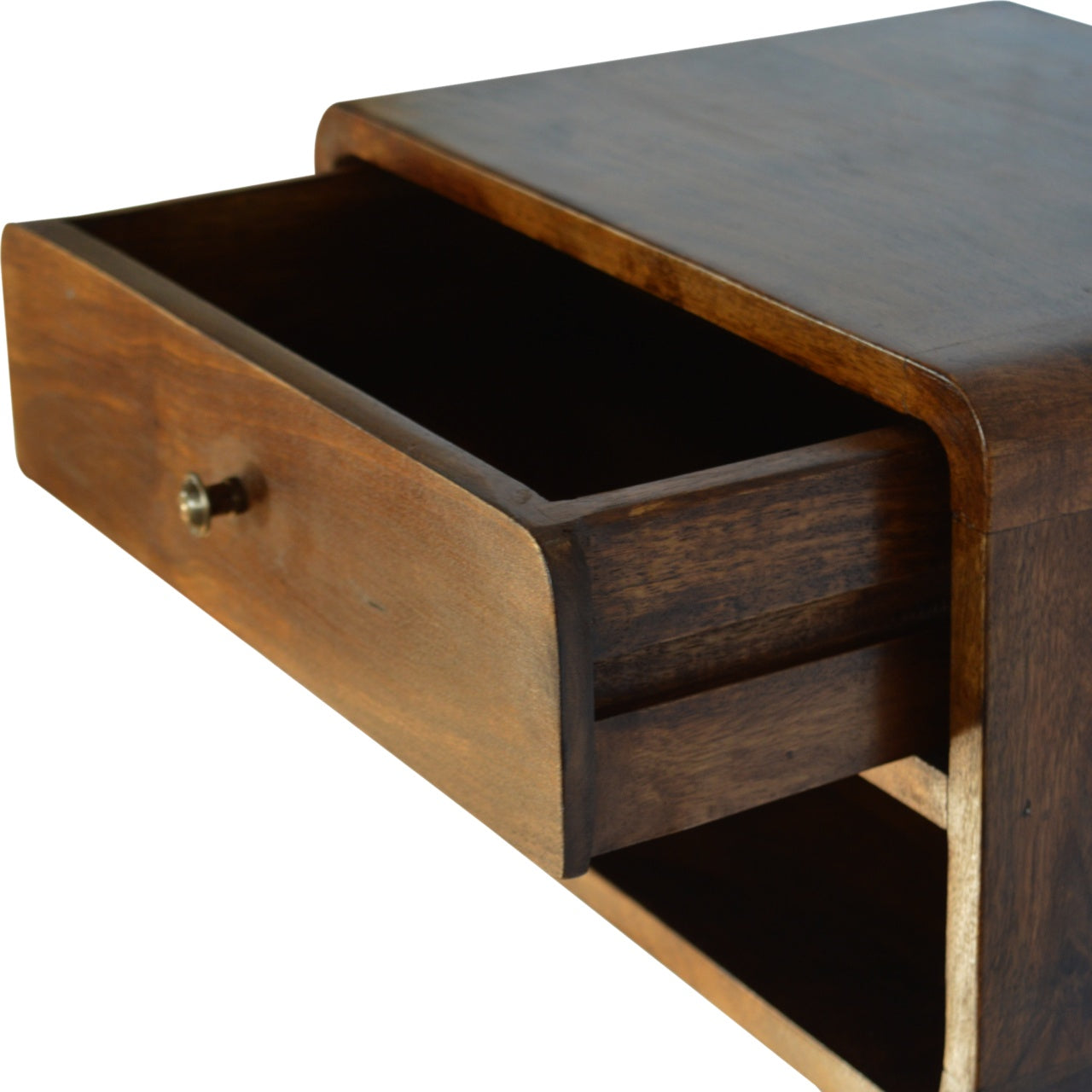 Solid Wood Chestnut Curve Floating Bedside, 1 Drawer and Open Shelf, Dark Brown