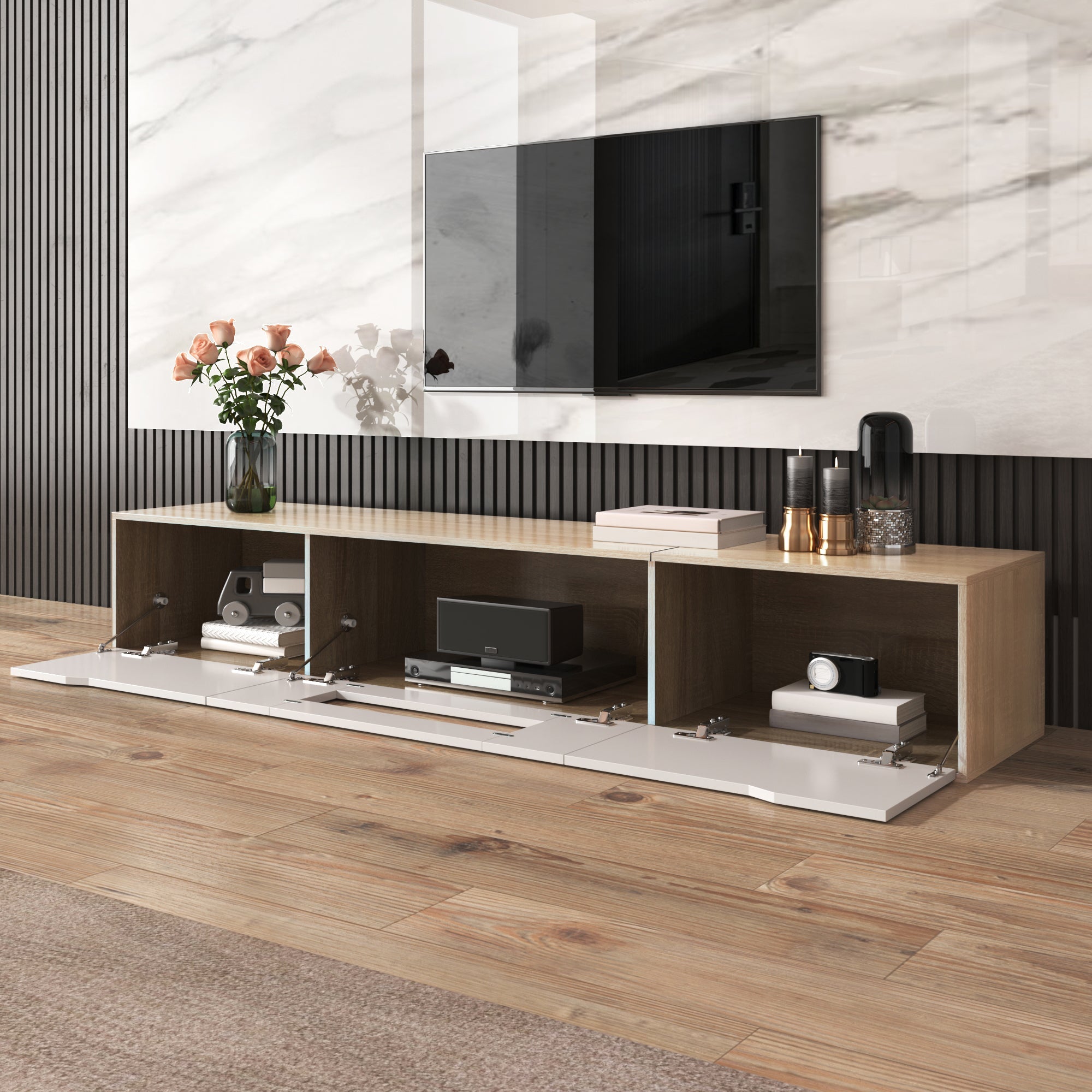 TV cabinet, high gloss, white and wood color, with color changing LED light