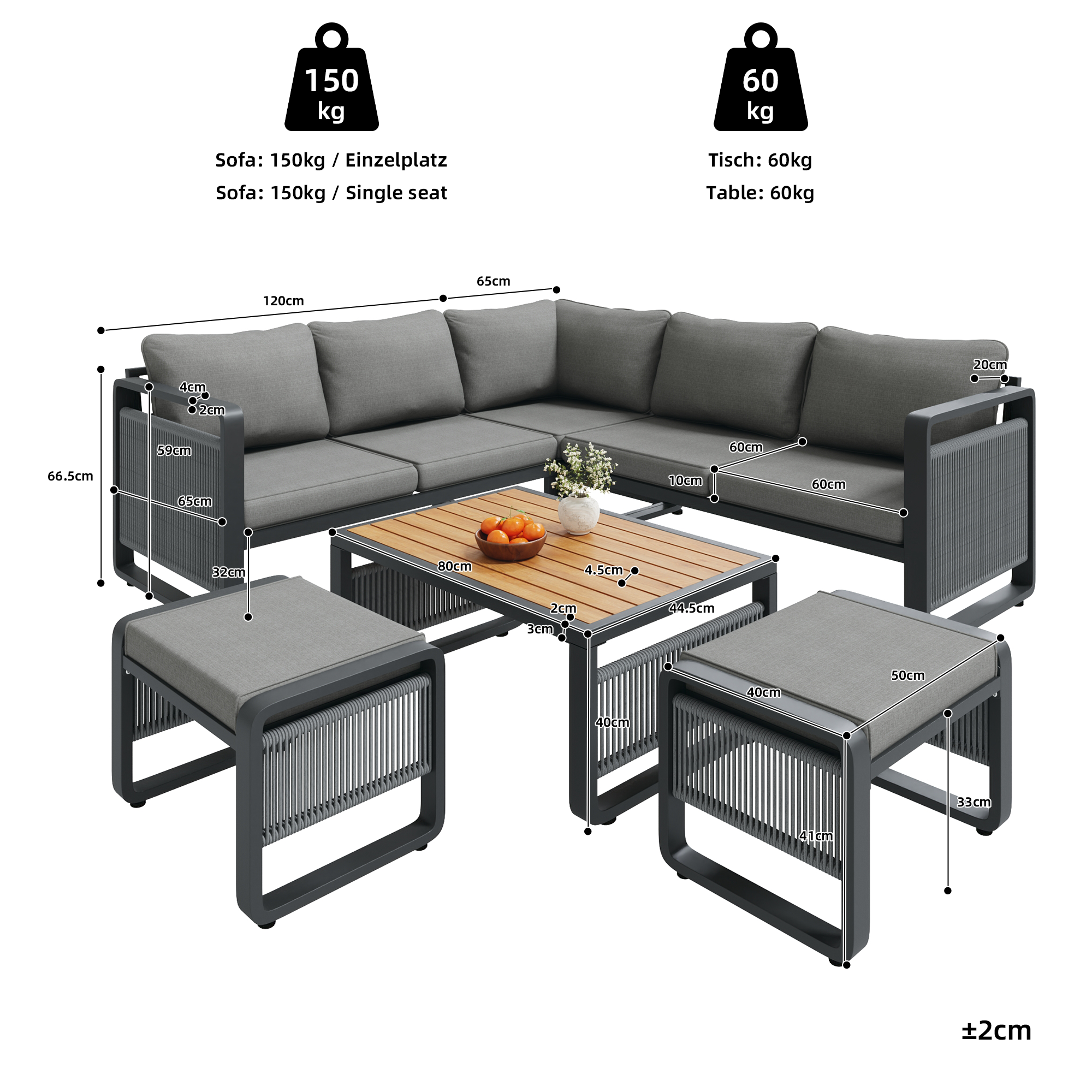 Garden Lounge Set, 6-7 Person Weatherproof Corner Sofa with Hand-Woven Rope and Cushions, Grey Iron