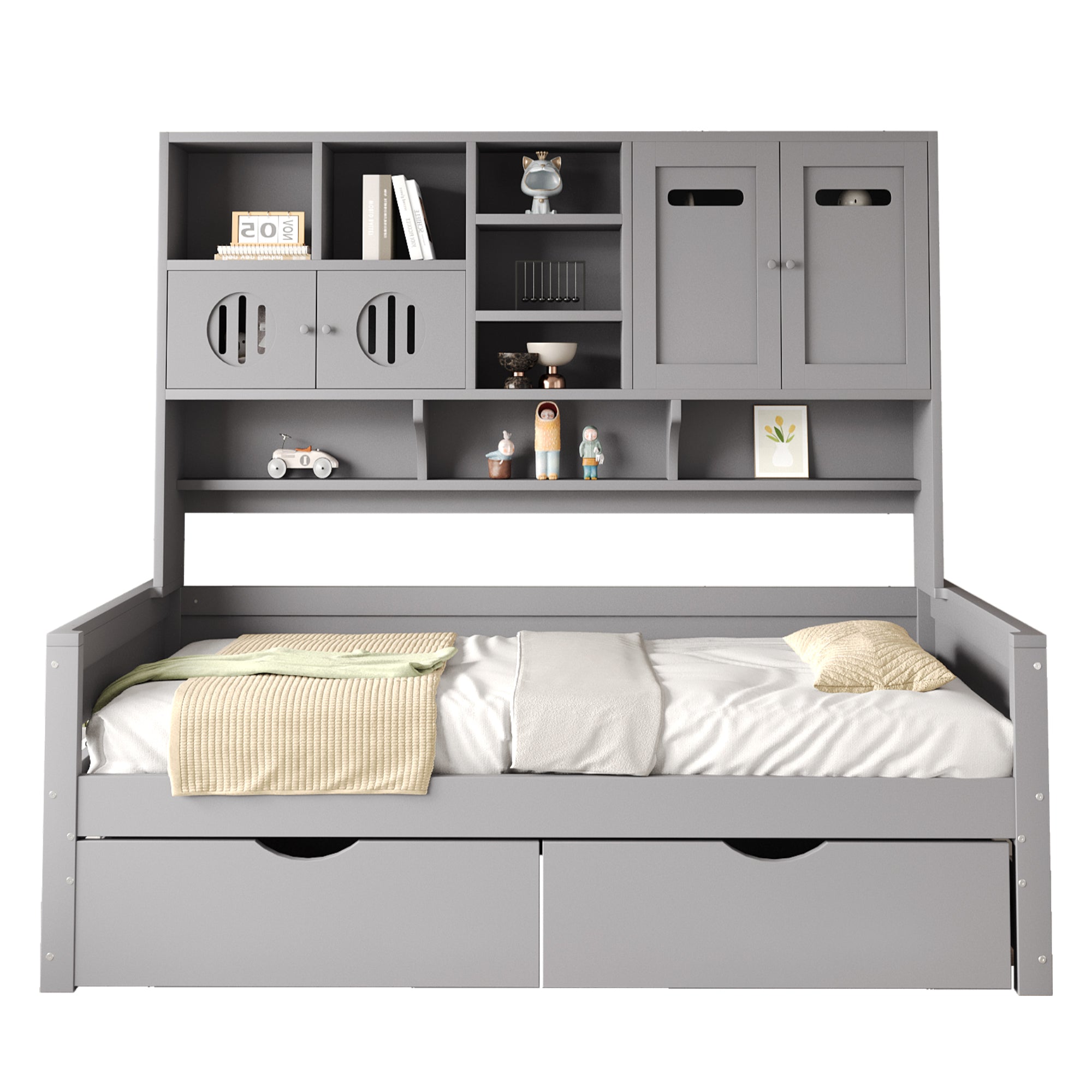 Wooden Sofa Bed, 90x200cm, Multifunctional Storage, Large Drawer, Grey