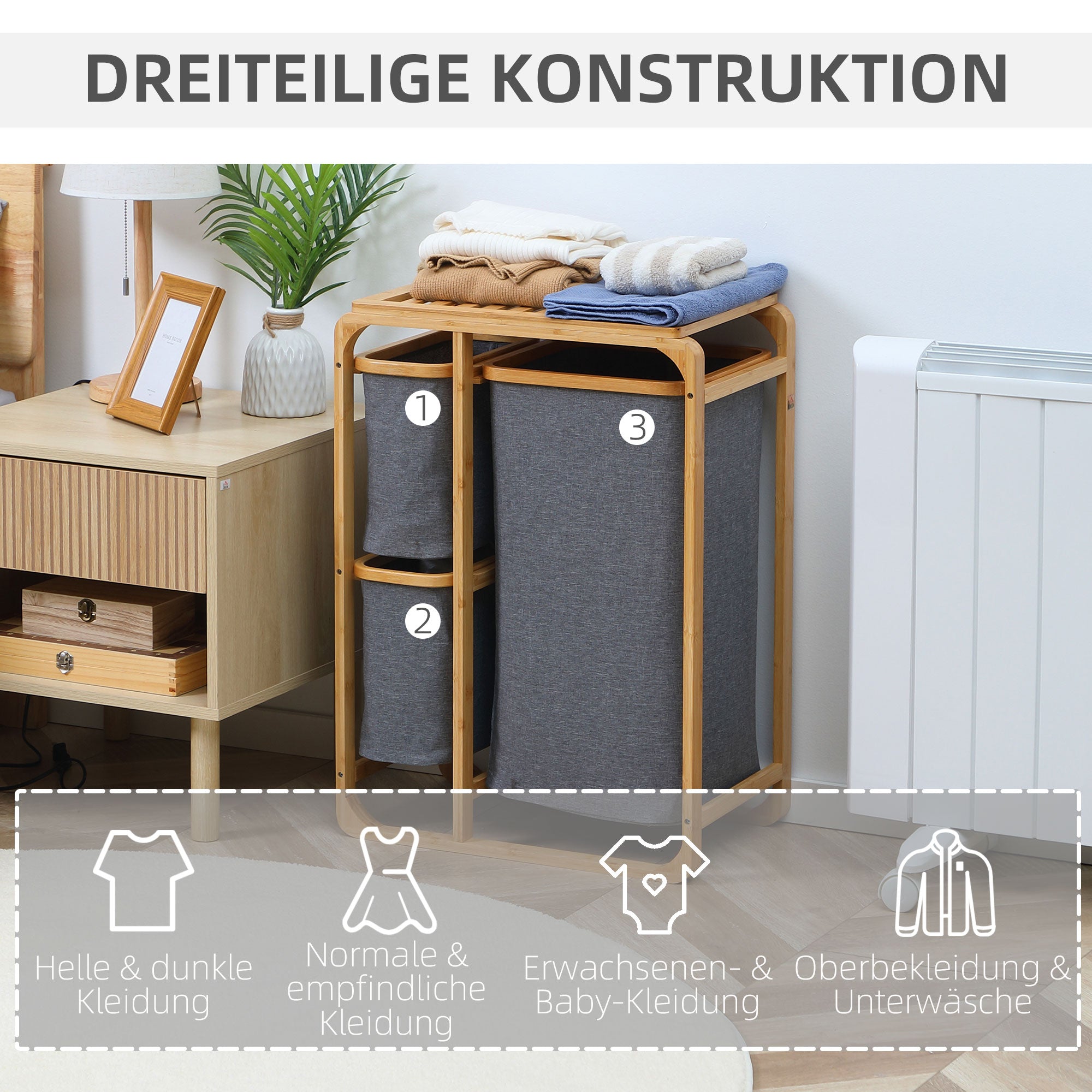Wäschekorb, Wäschewagen mit 3 herausnehmbaren Säcken, Grau+Naturbambus