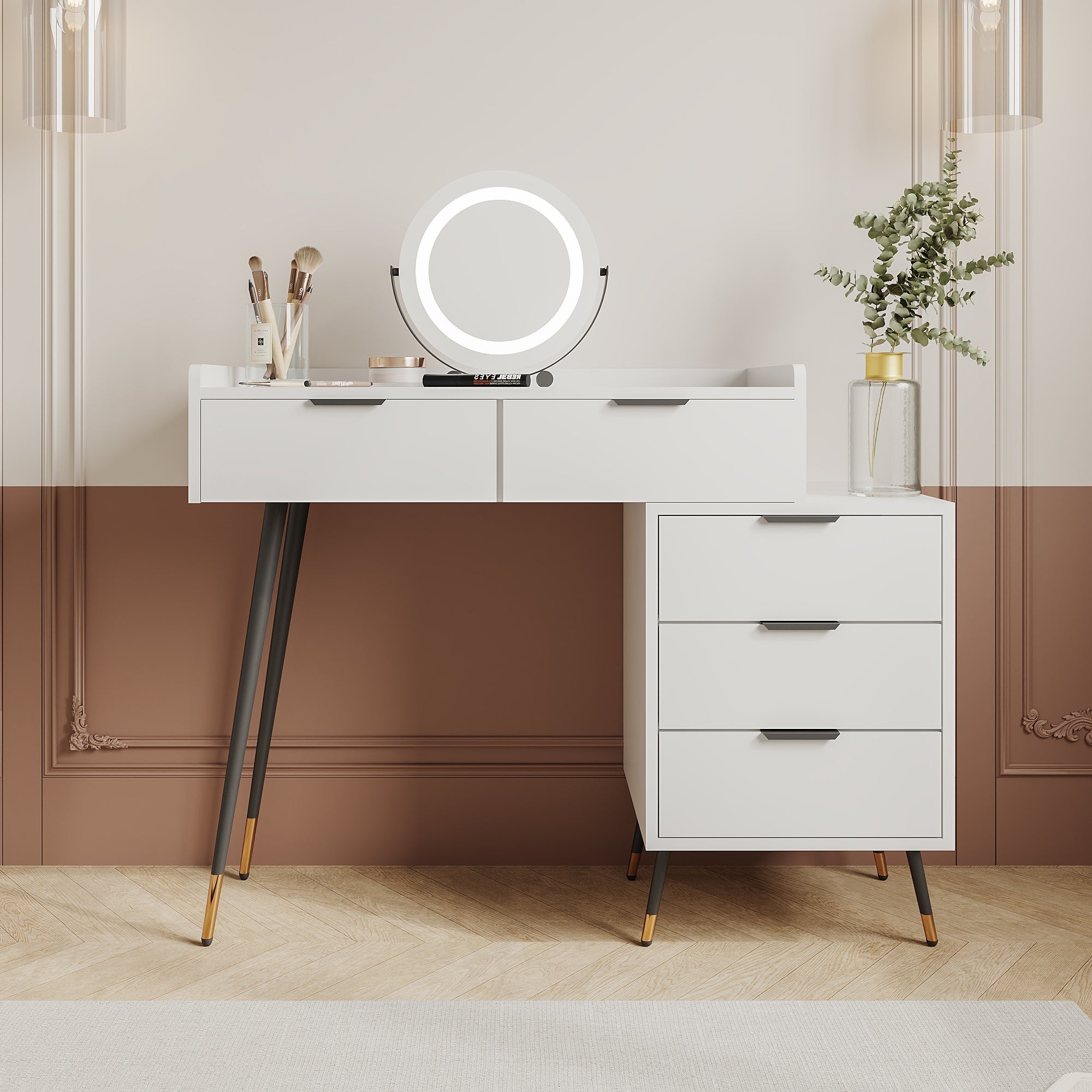 Dressing Table with Adjustable LED Mirror, 5 Drawers and Pull-out Side Cabinets, White Wood