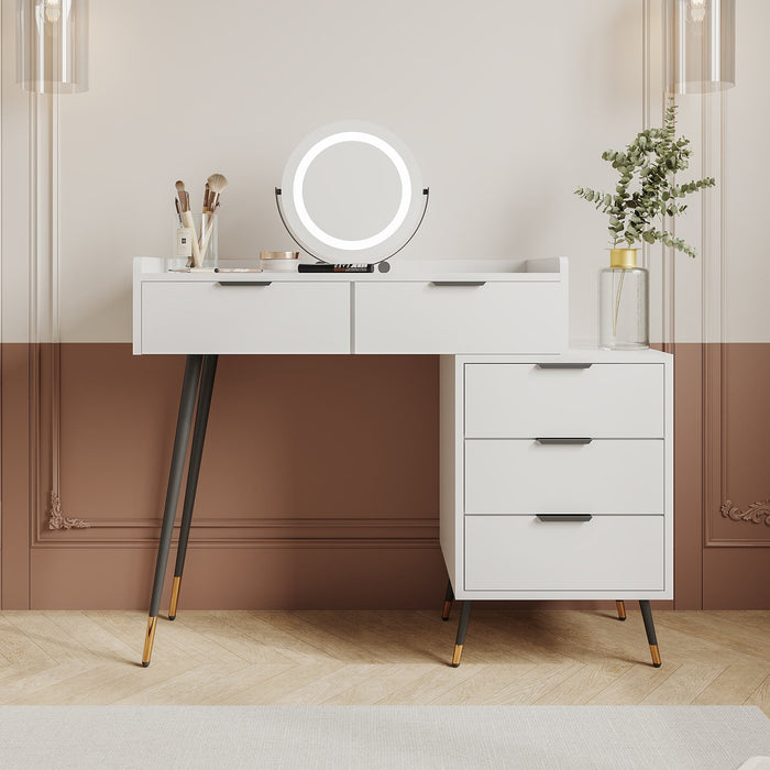 Dressing Table with Adjustable LED Mirror, 5 Drawers and Pull-out Side Cabinets, White Wood