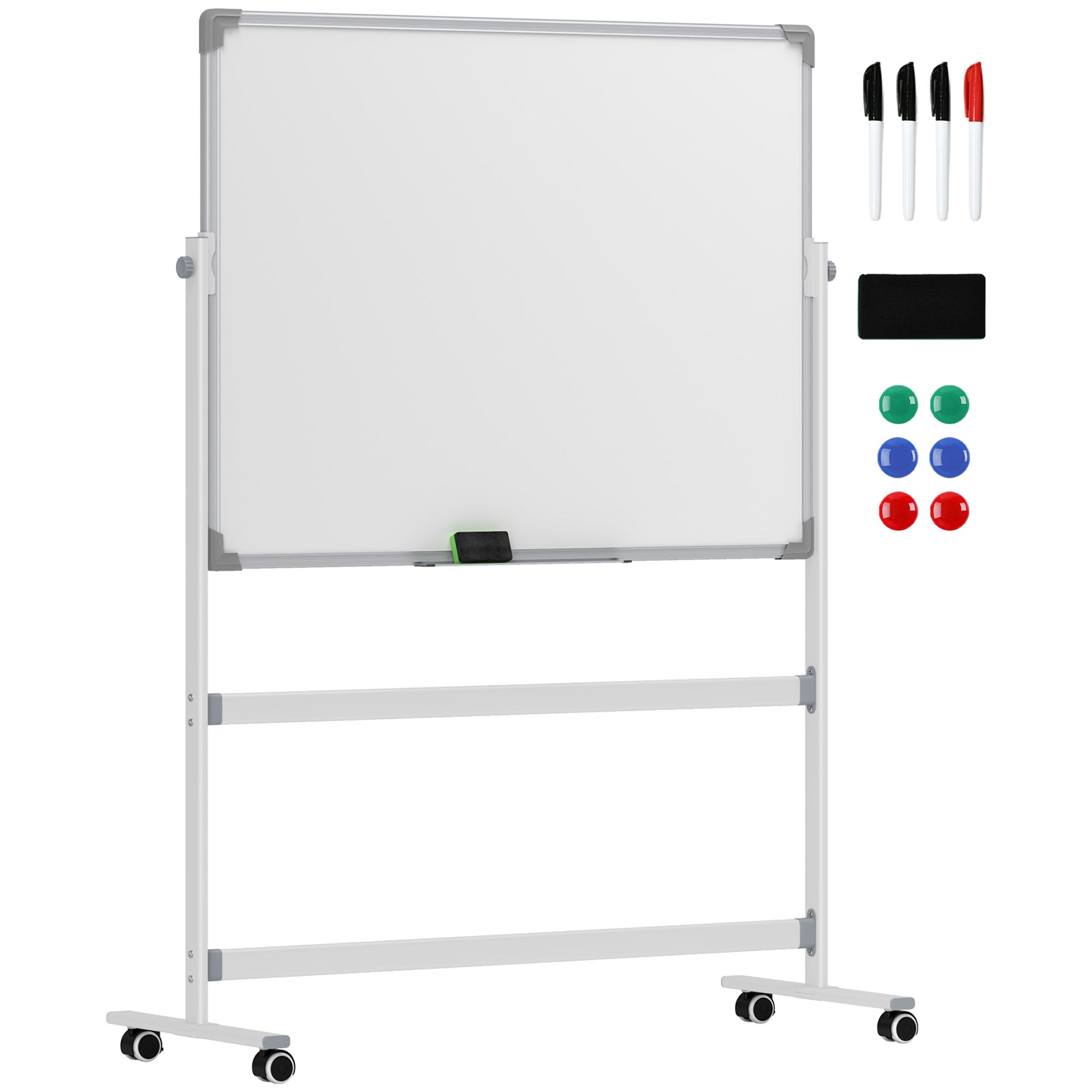 Magnetic Whiteboard 120 x 90 cm Double-Sided with Stand and Wheels, Silver