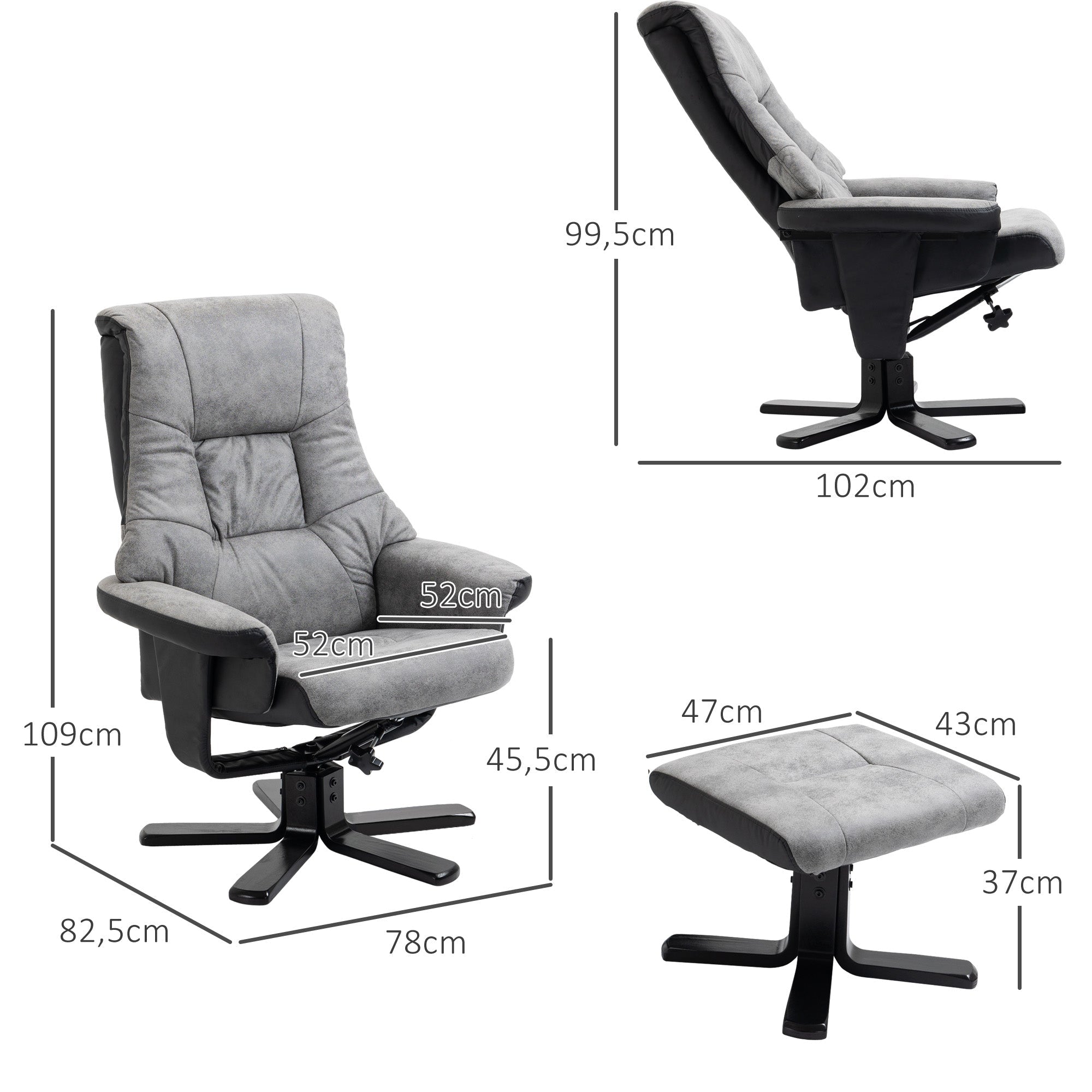 Recliner with Footstool Swivel TV Chair Reclining Function Microfiber Gray