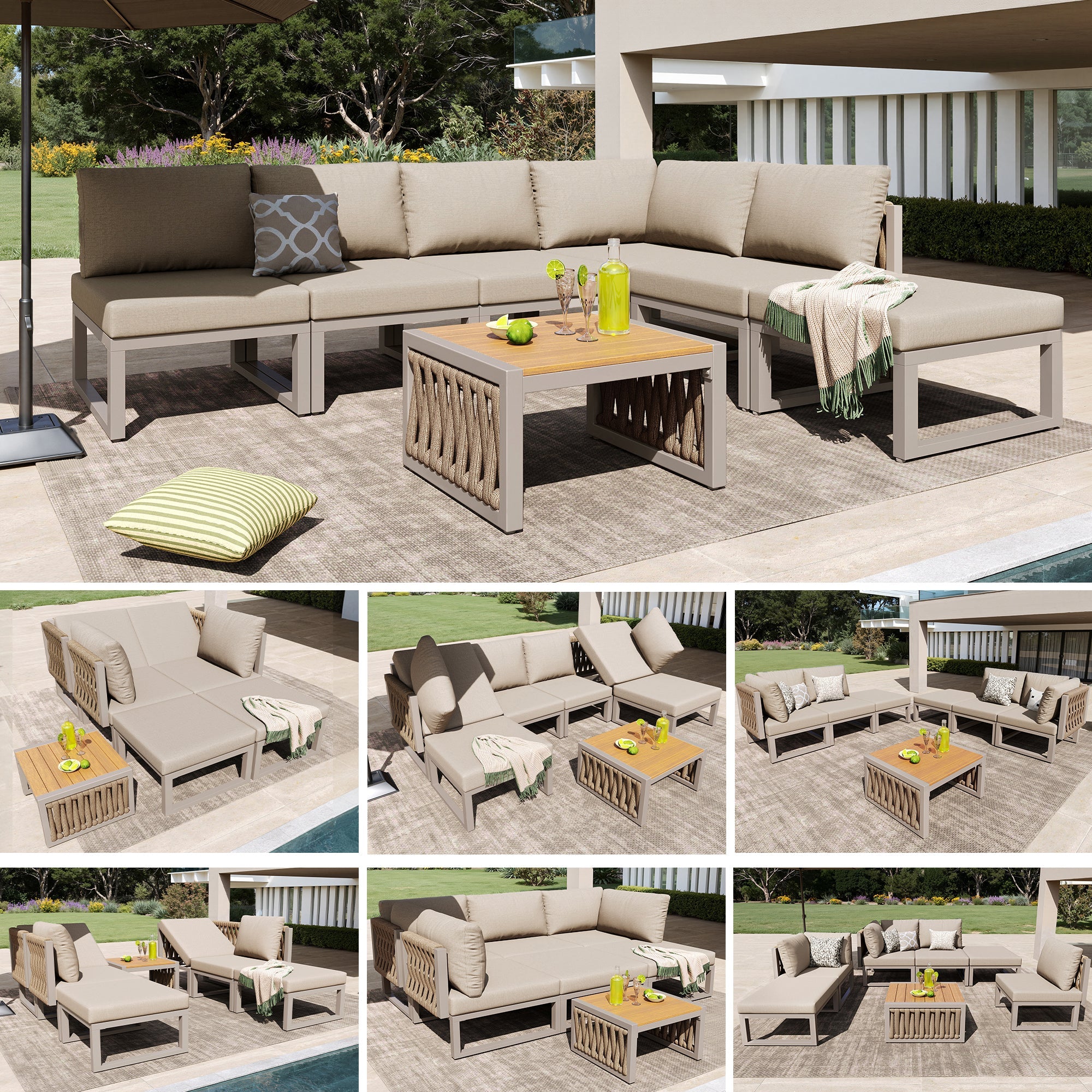 Garden Furniture Set 6 Person Double Lounger Adjustable Backrest Cushions - Beige