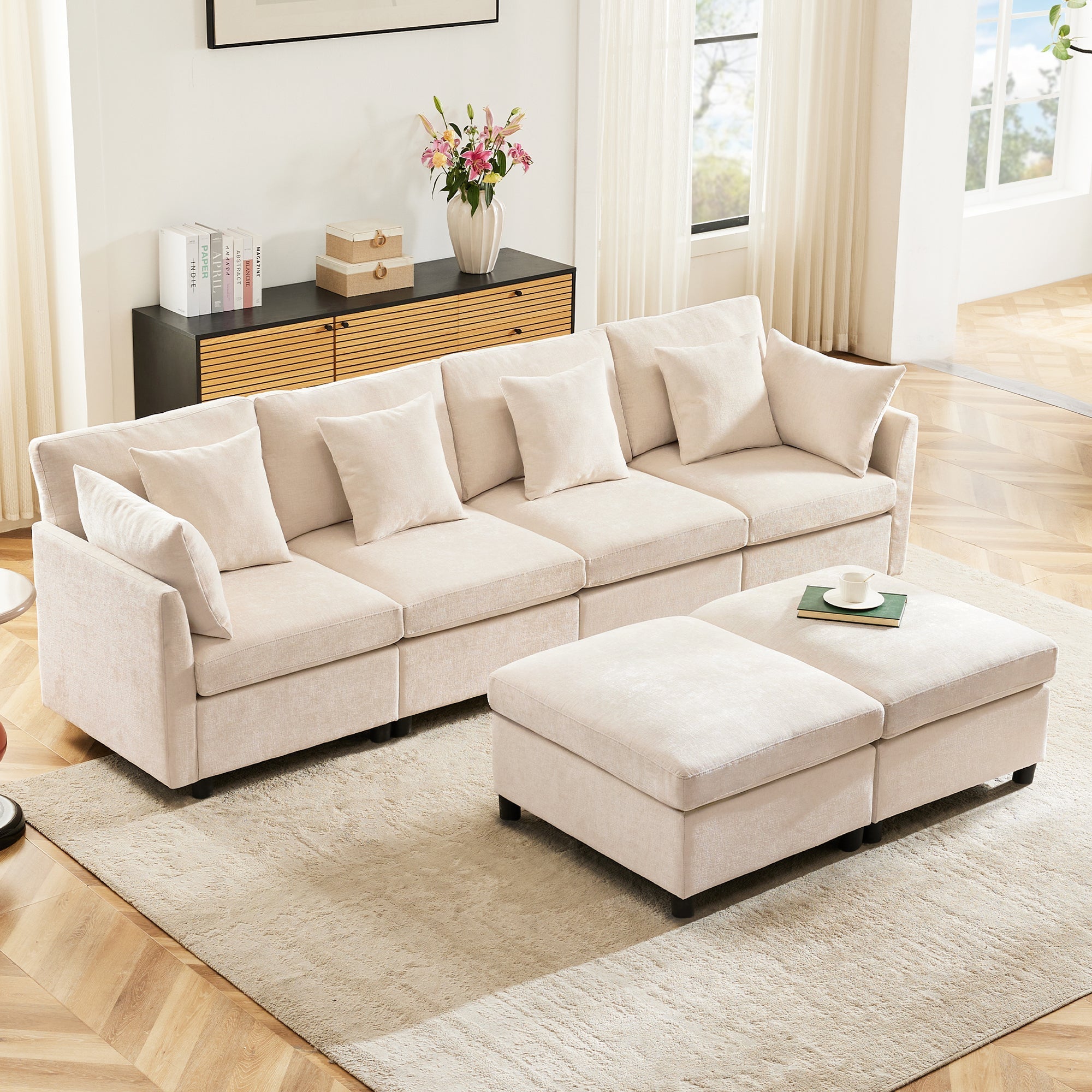 Modern Chenille Sofa Modular Detachable Footstool L-Shaped U-Shaped, Chenille