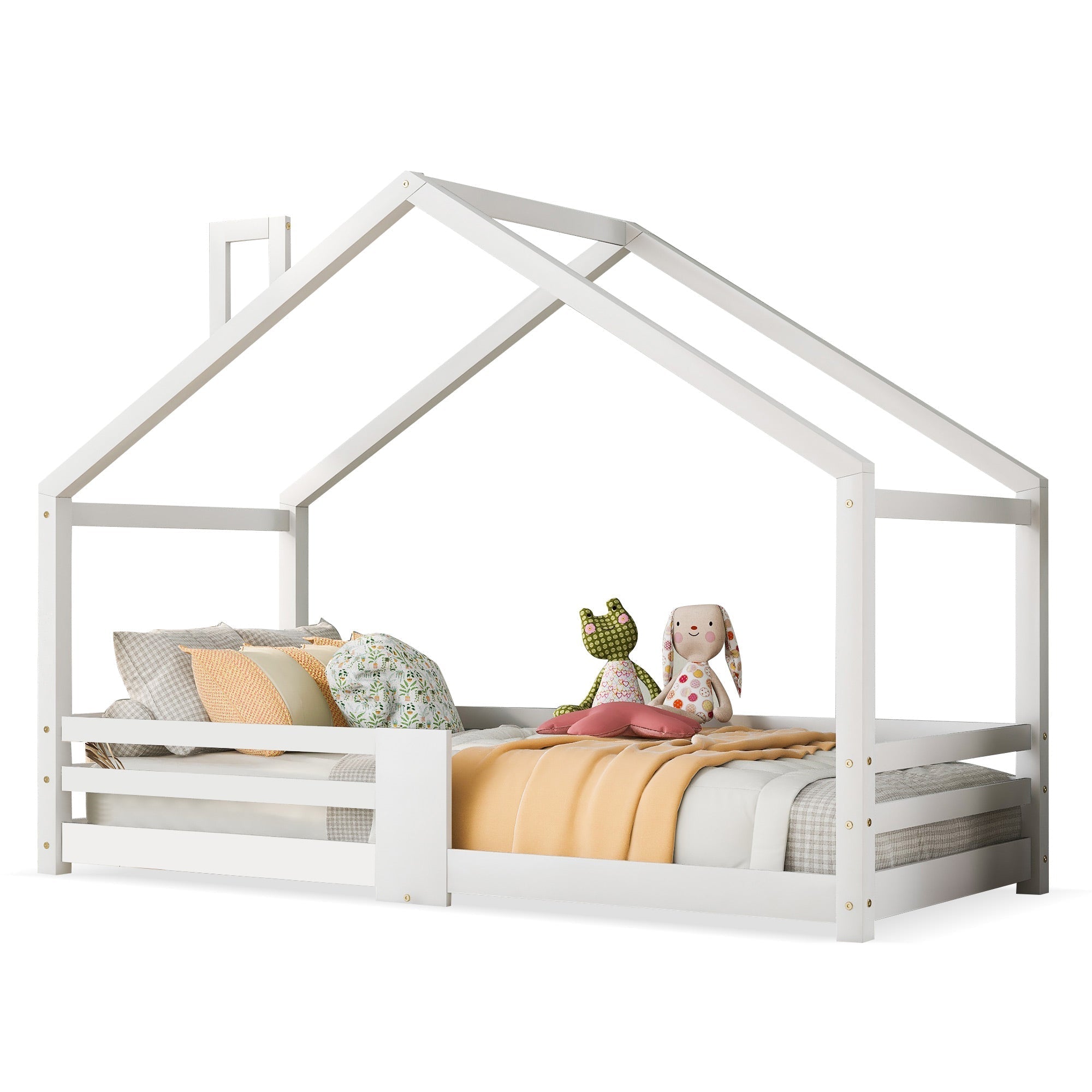 Children's Bed House Bed with Chimney, Fall Protection, Slatted Frames, Pinewood, White