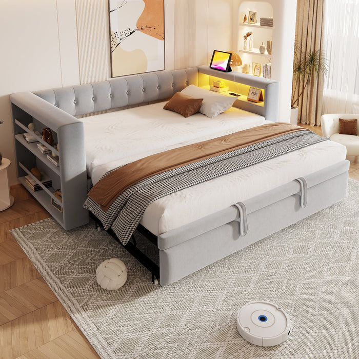 Upholstered Bed, Multifunctional Sofa Bed 90/180×190 cm, LED, Storage, Light Grey