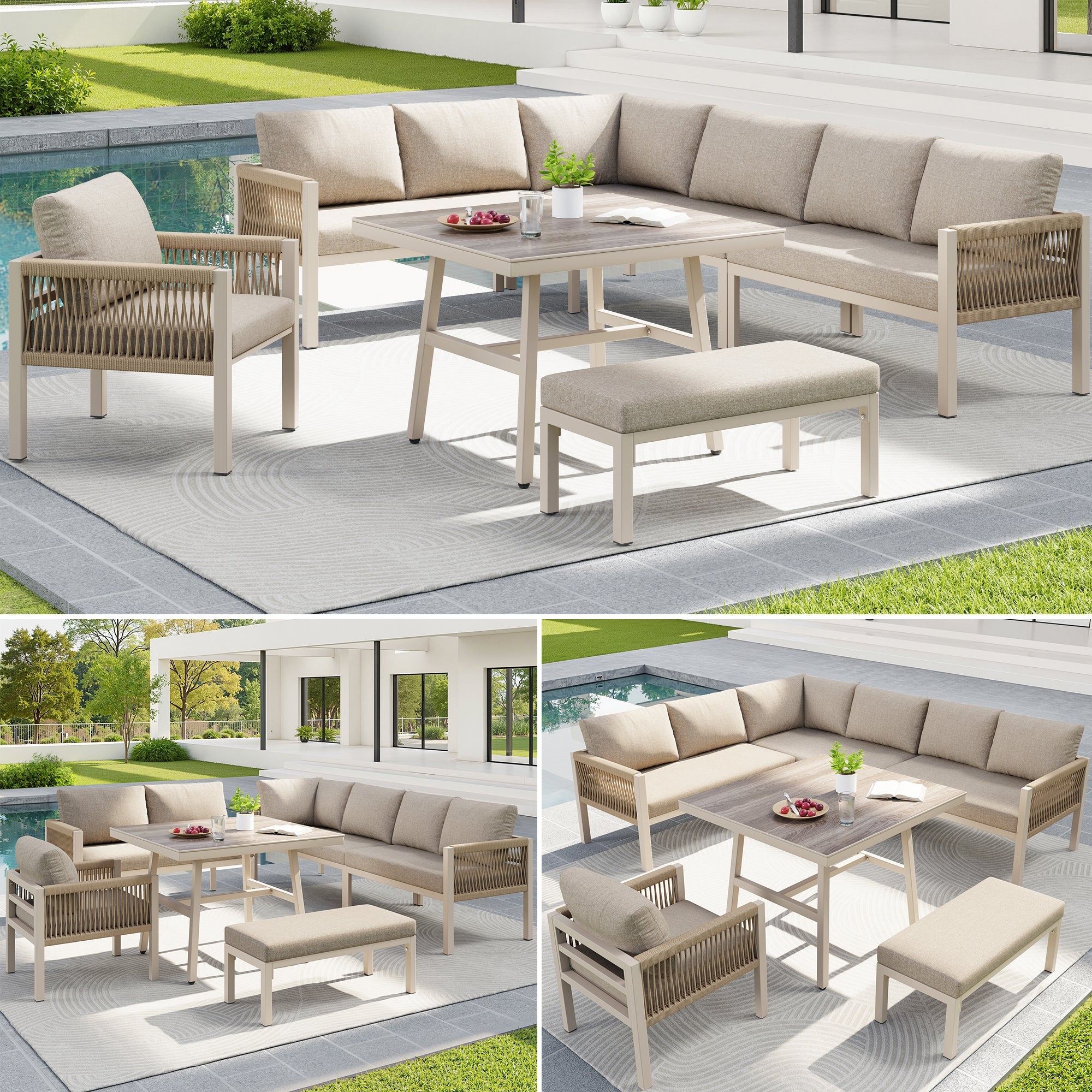 Garden Sofa Set L-Shape 8-Seater Hand-Woven with Table & Armchair - Iron Frame Beige