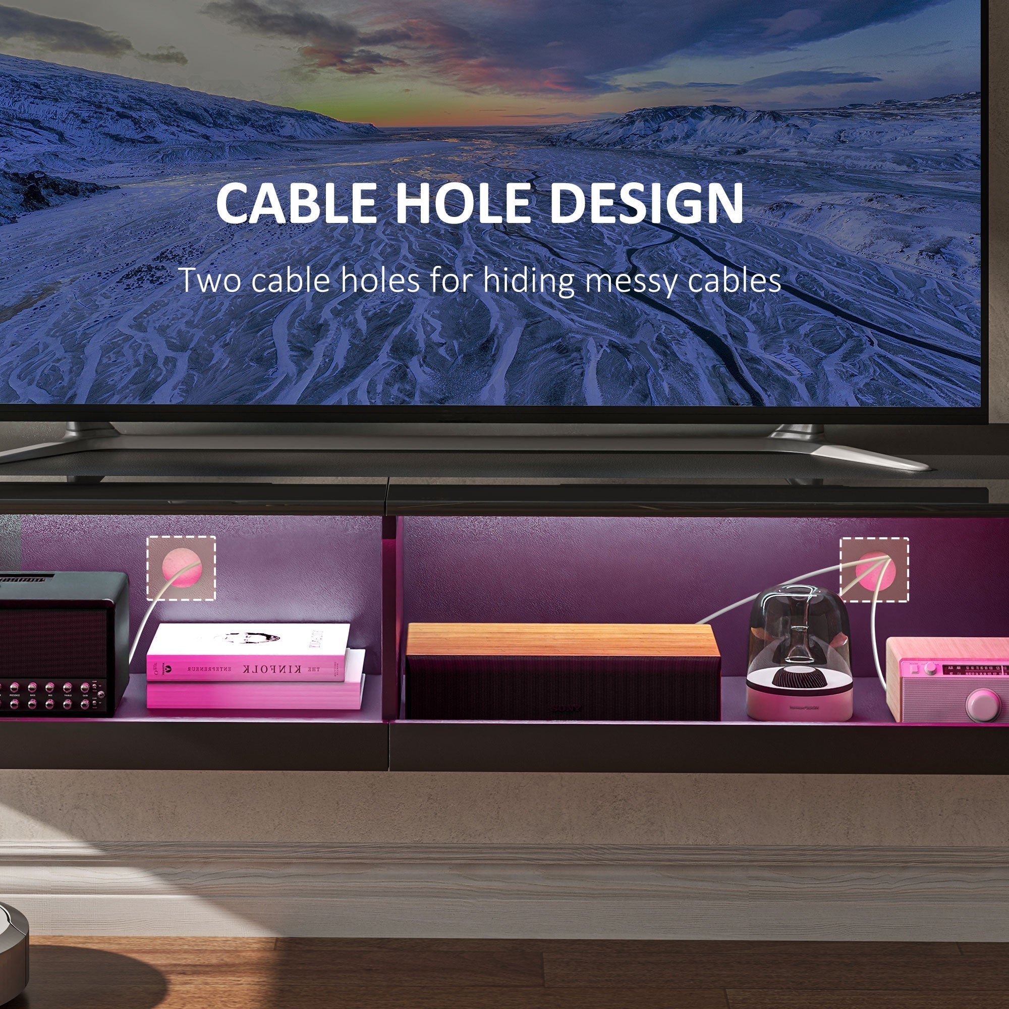 Floating TV Unit Wall Mounted Cabinet for TVs up to 65" with LED Lights, Black
