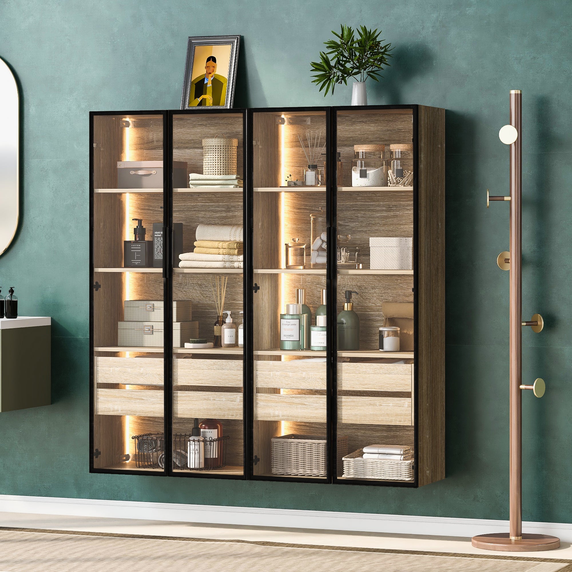 Bathroom Cabinets, Set of 2 Medium with Light Strip, 73cm Wide, 2 Drawers, 2 Doors, Glass