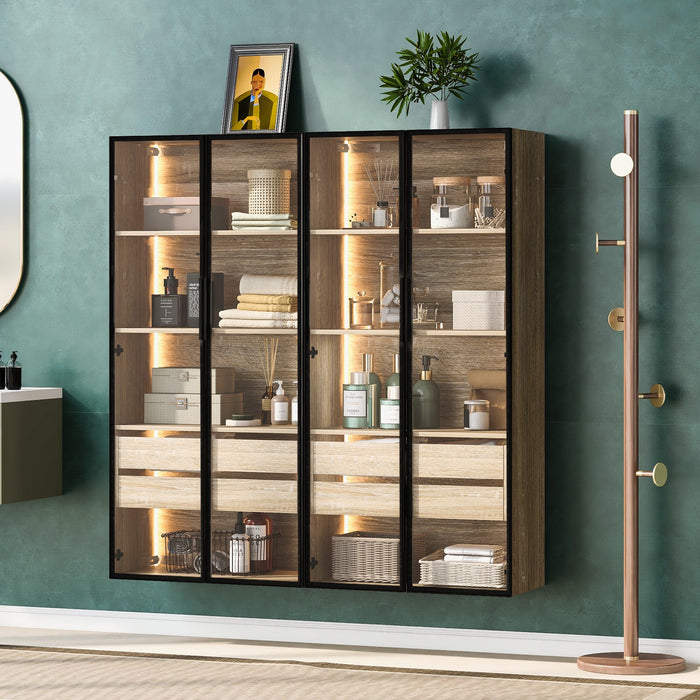 Bathroom Cabinets, Set of 2 Medium with Light Strip, 73cm Wide, 2 Drawers, 2 Doors, Glass