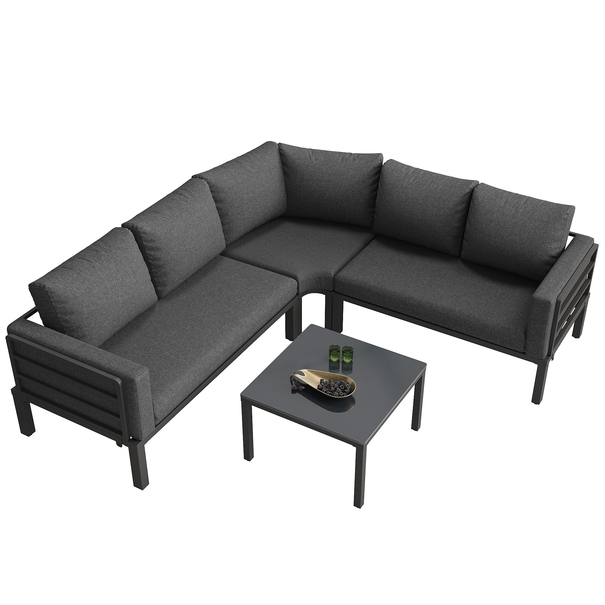 Modular Garden Furniture Set with Corner Sofa, Rocking Chair and Glass Table, Metal Frame and Rope Weave
