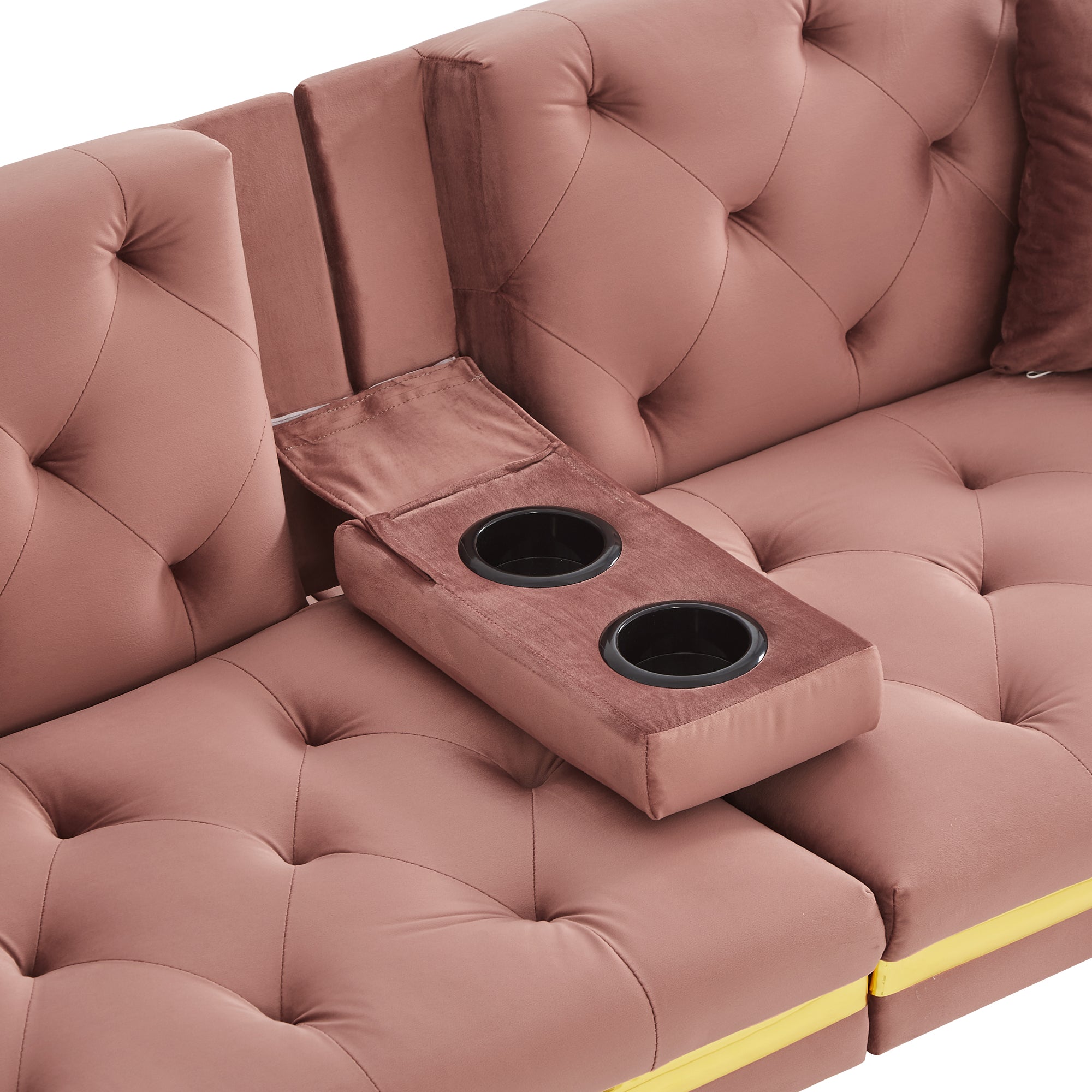 Two-seater Sofa Bed, Adjustable Backrest Gold Accents Built-in Cup Holders, Velvet