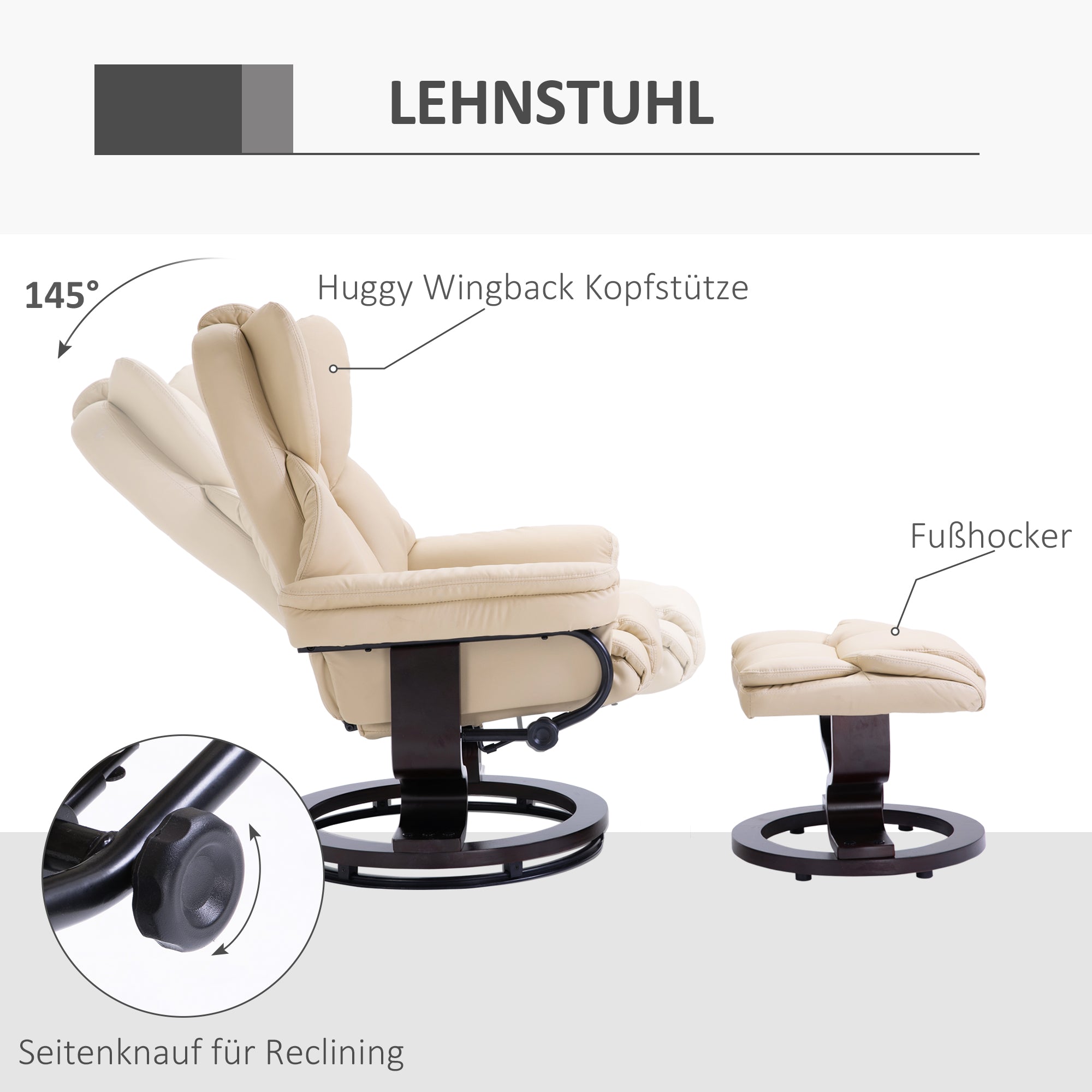 Relaxliegesessel mit Hocker, drehbarer TV-Sessel, Kunstleder Cremefarben