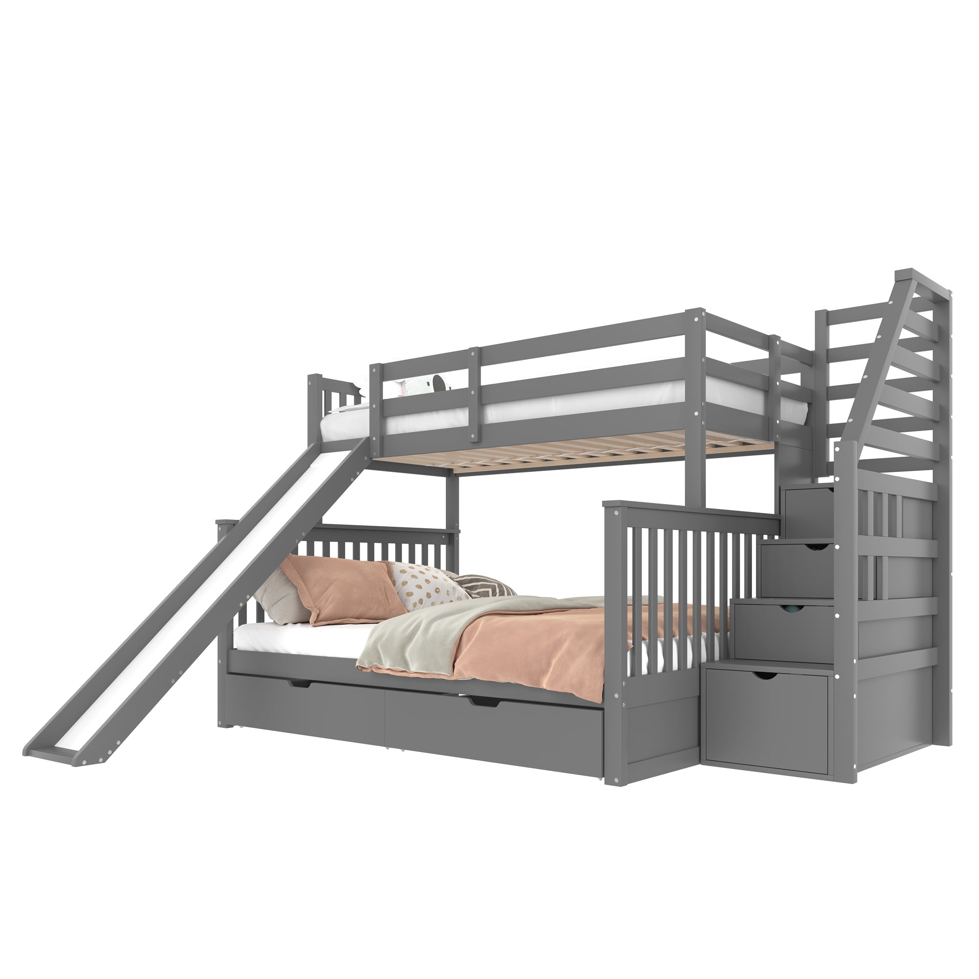 Bunk Bed 90x200 Over 140x200 With Storage Drawers & Slide Grey