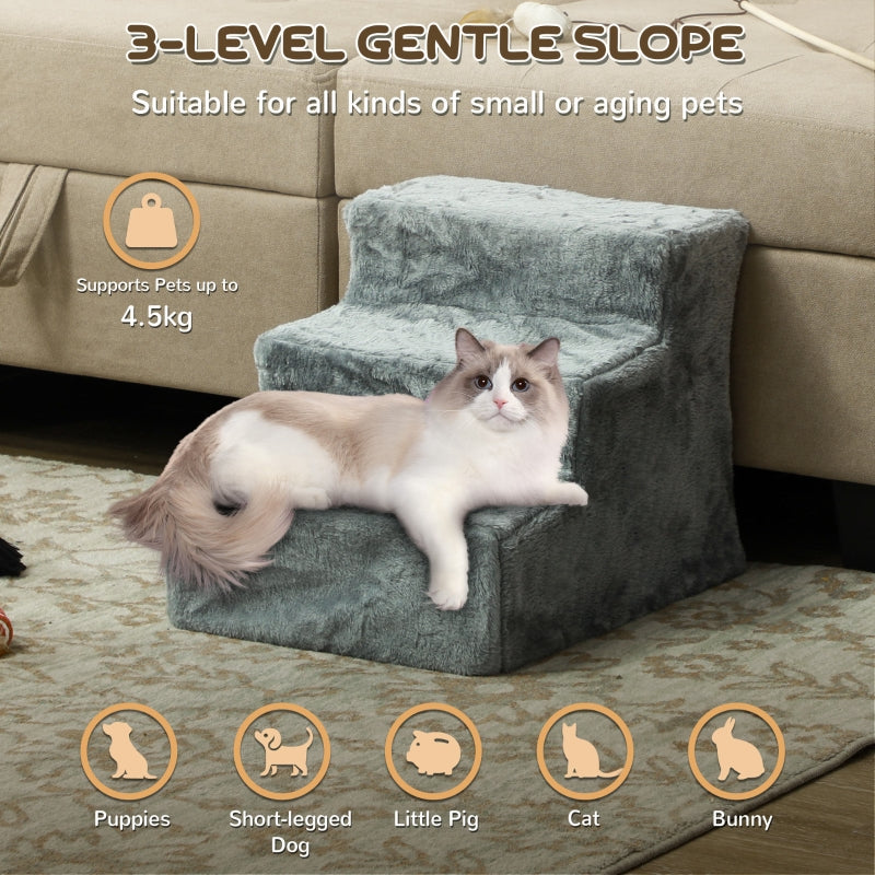 Three-Step Dog Stairs, Washable Plush Cover, High Bed Sofa - Light Grey